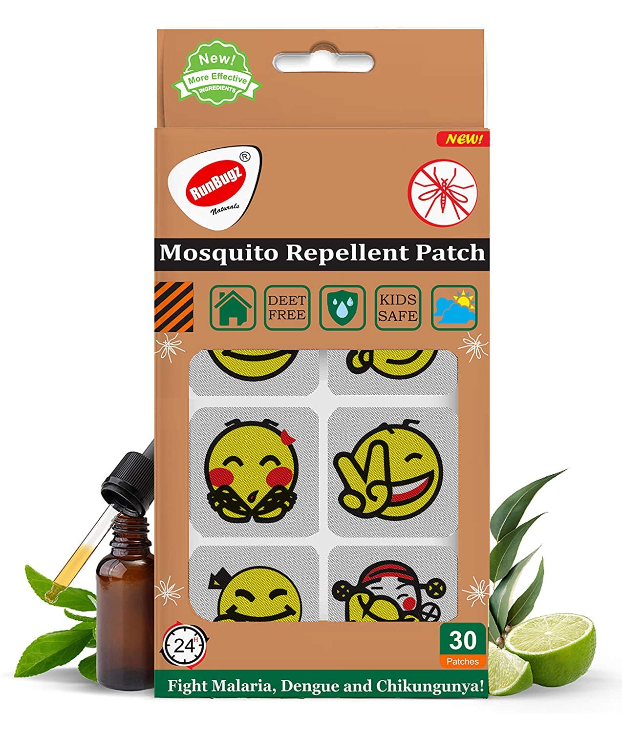 Runbugz Mosquito Repellent Patches For Babies, Printed Smiley (30 Patches, Multicolor, Pack Of 3)