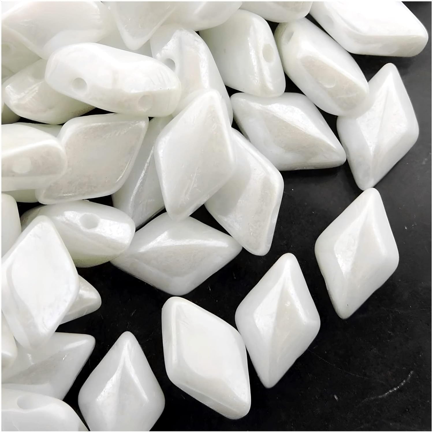 Czech Glass GemDuo Beads, 2-Hole Diamond Shaped Beads 5x8mm, 10 Grams, Chalk White Luster