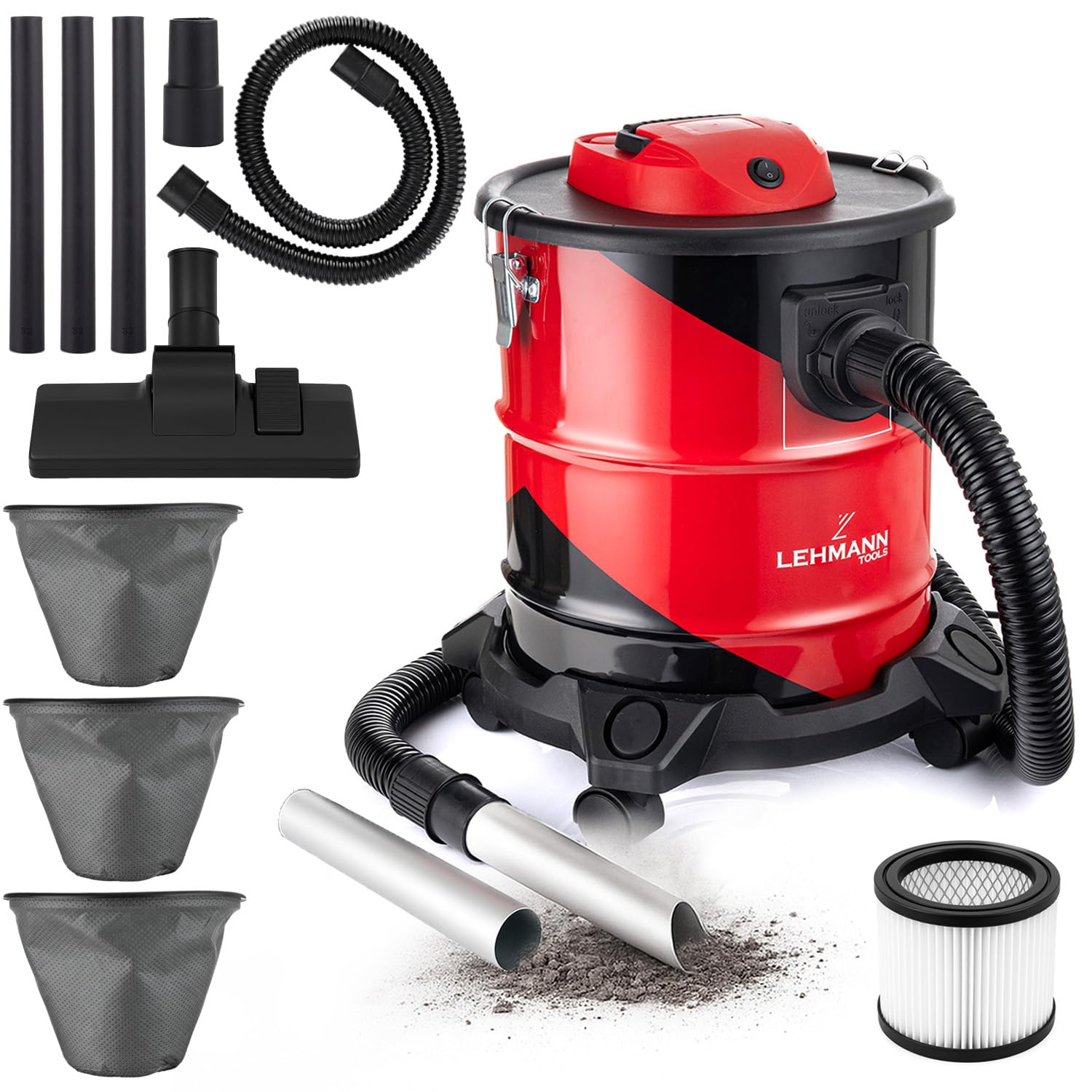 LEHMANN Haddo Aspirateur Industriel 2000W - Aspirateur à Cendres pour Cheminée avec Double Filtre - Réservoir en Acier Inoxydable de 20 L - Filtre HEPA - Fonction Soufflerie - Rouge et Noir