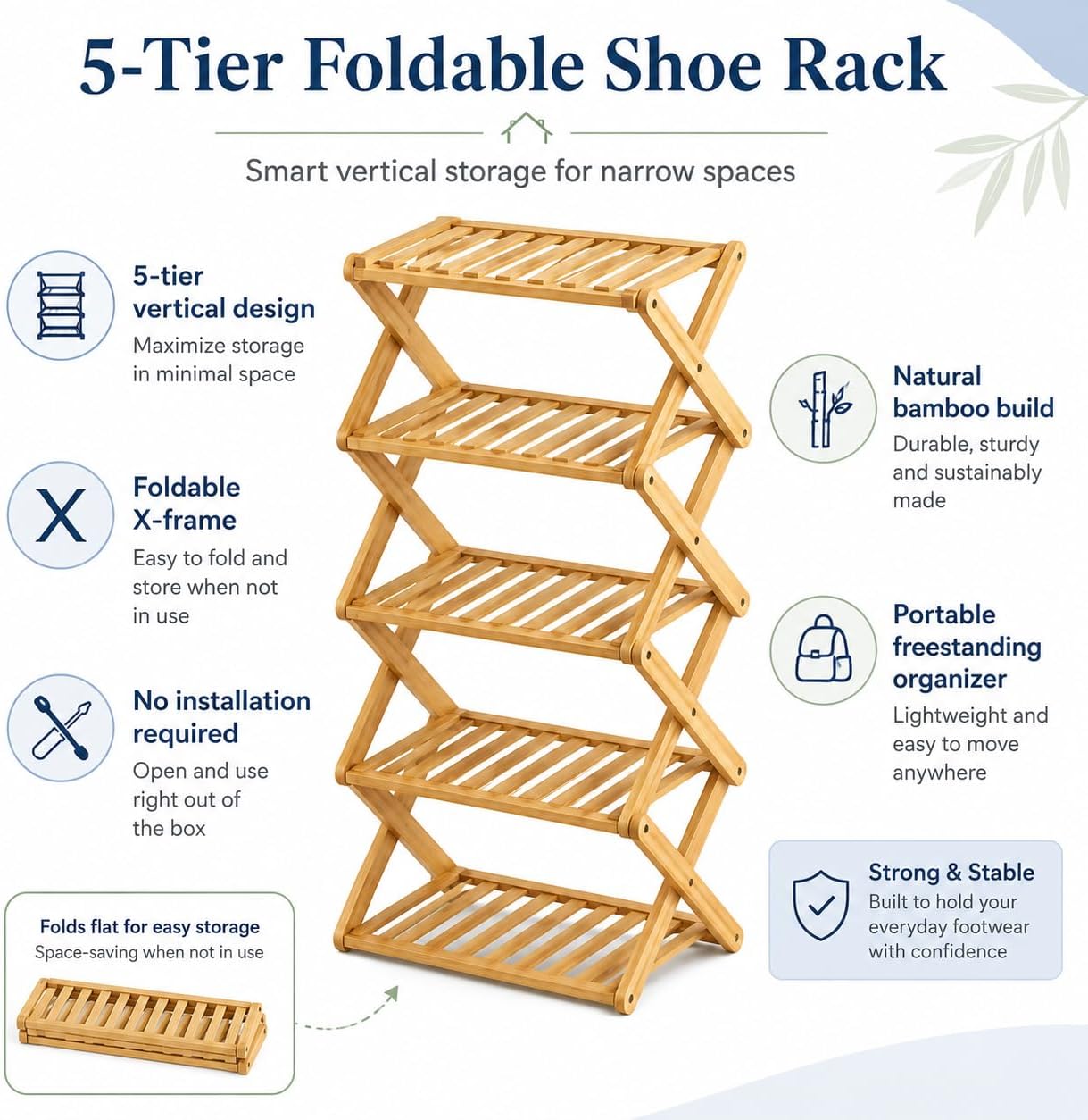 5 Tier Foldable Shoe Rack | Bamboo Vertical Shoe Organiser | Narrow Tall Shoe Shelf, Portable Free-Standing Storage for Entryway, Closet, Corner, Bedroom & Living Room | No Installation Required