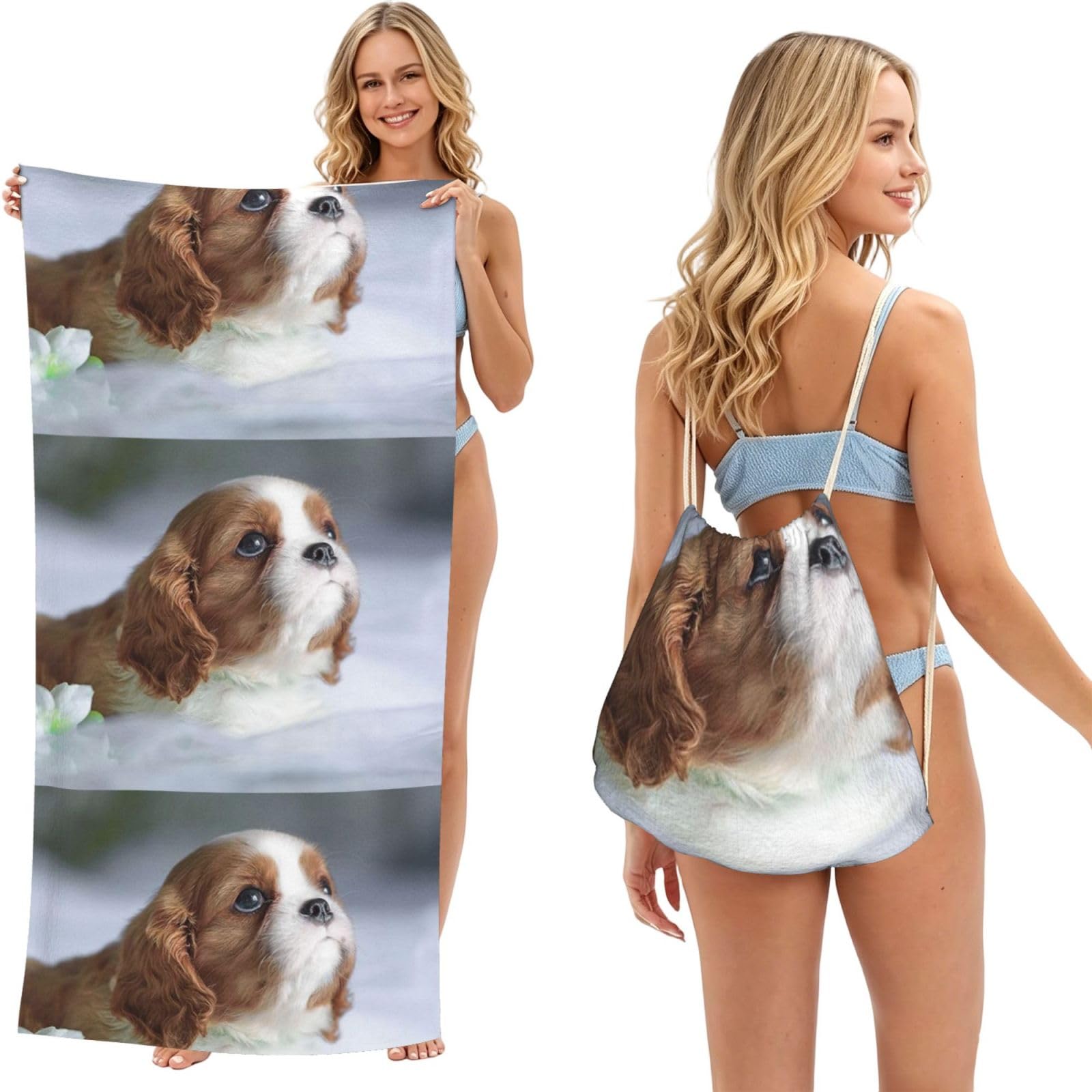 Poadnly As Picture Cavalier King Charles Spaniel Face, 2 In 1 Packable Towel Bag, Beach Towels With Drawstring Backpack For Travel Holiday Camping