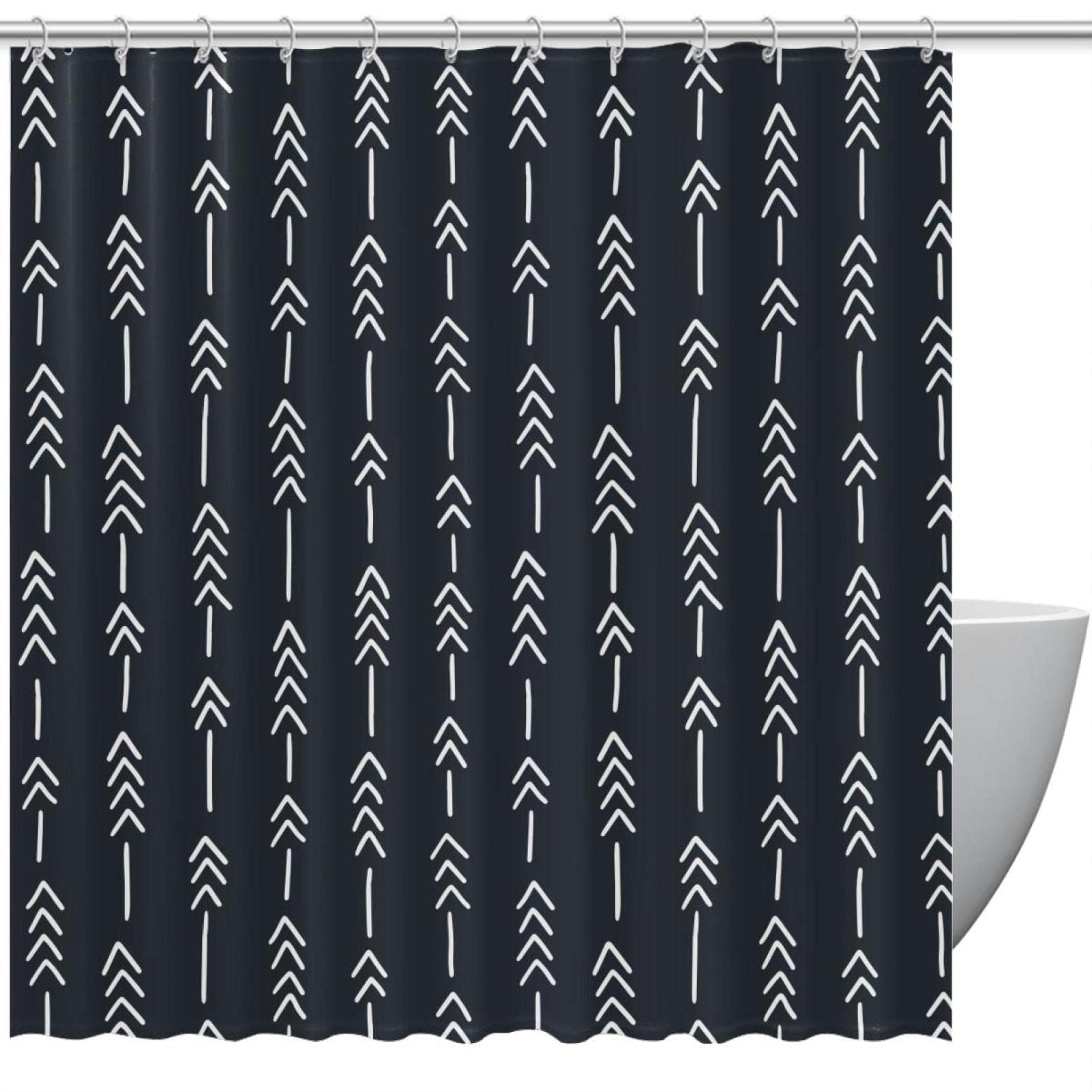 Rideau de douche tissu motifs géométriques gris blanc imperméable et lavable