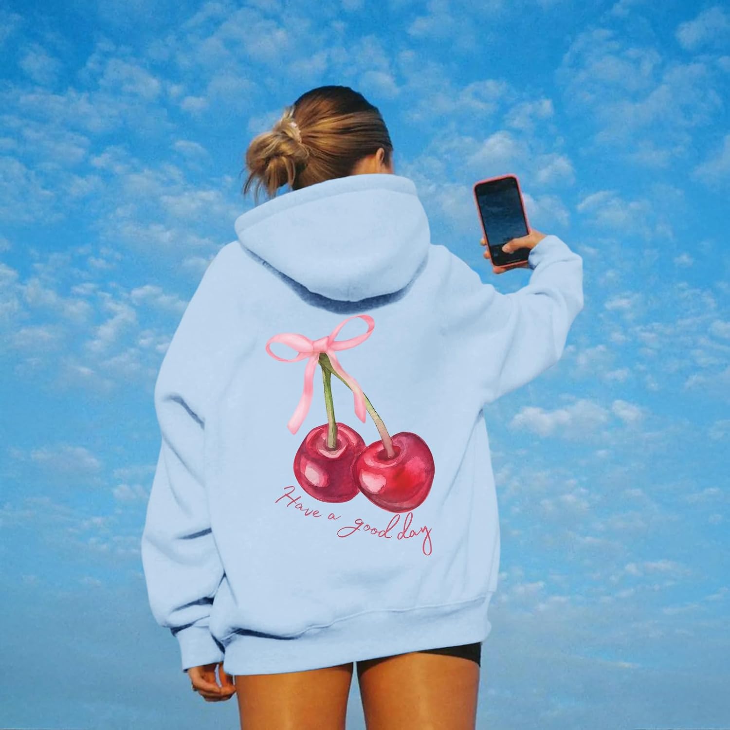 Tuislay Womens Cute Cherry Graphic Hoodie Ribbon Bow Printed Sweatshirt Drop Shoulder Aesthetic Pullover Hoodies With Pocket - Image 3