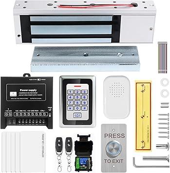 Access Control System Kit with Remote – 1200lbs Holding Force Fail-Safe Electromagnetic Lock, Metal Keypad, 12V Power Supply, Exit Button & Doorbell, Supports RFID, Password & Remote Access