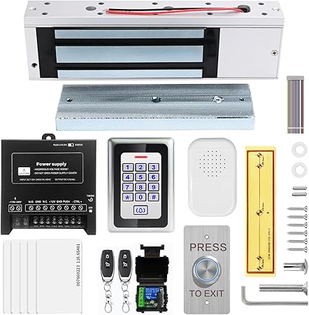 Access Control System Kit with Remote – 1200lbs Holding Force Fail-Safe Electromagnetic Lock, Metal Keypad, 12V Power Supply, Exit Button & Doorbell, Supports RFID, Password & Remote Access