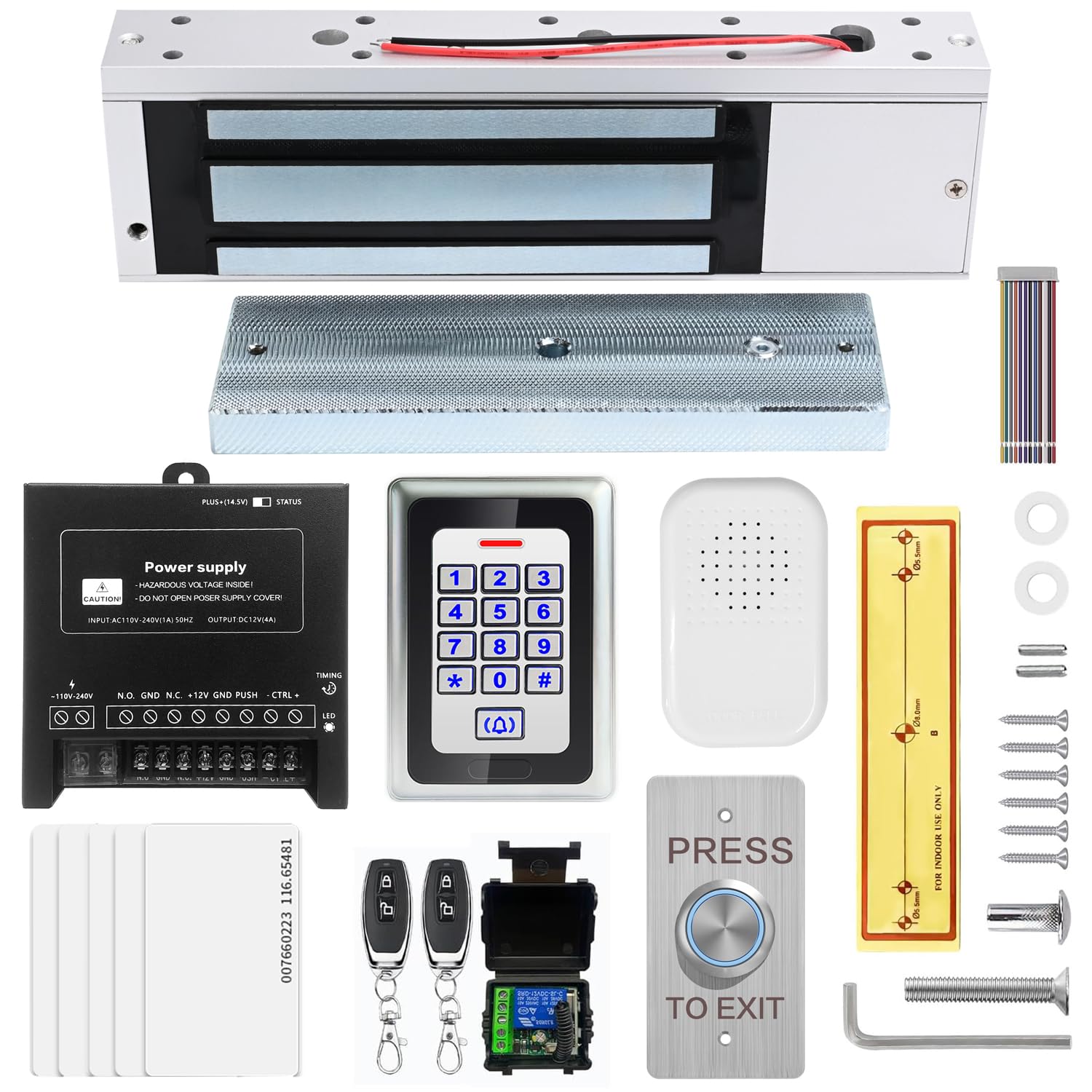 Access Control System Kit with Remote – 1200lbs Holding Force Fail-Safe Electromagnetic Lock, Metal Keypad, 12V Power Supply, Exit Button & Doorbell, Supports RFID, Password & Remote Access