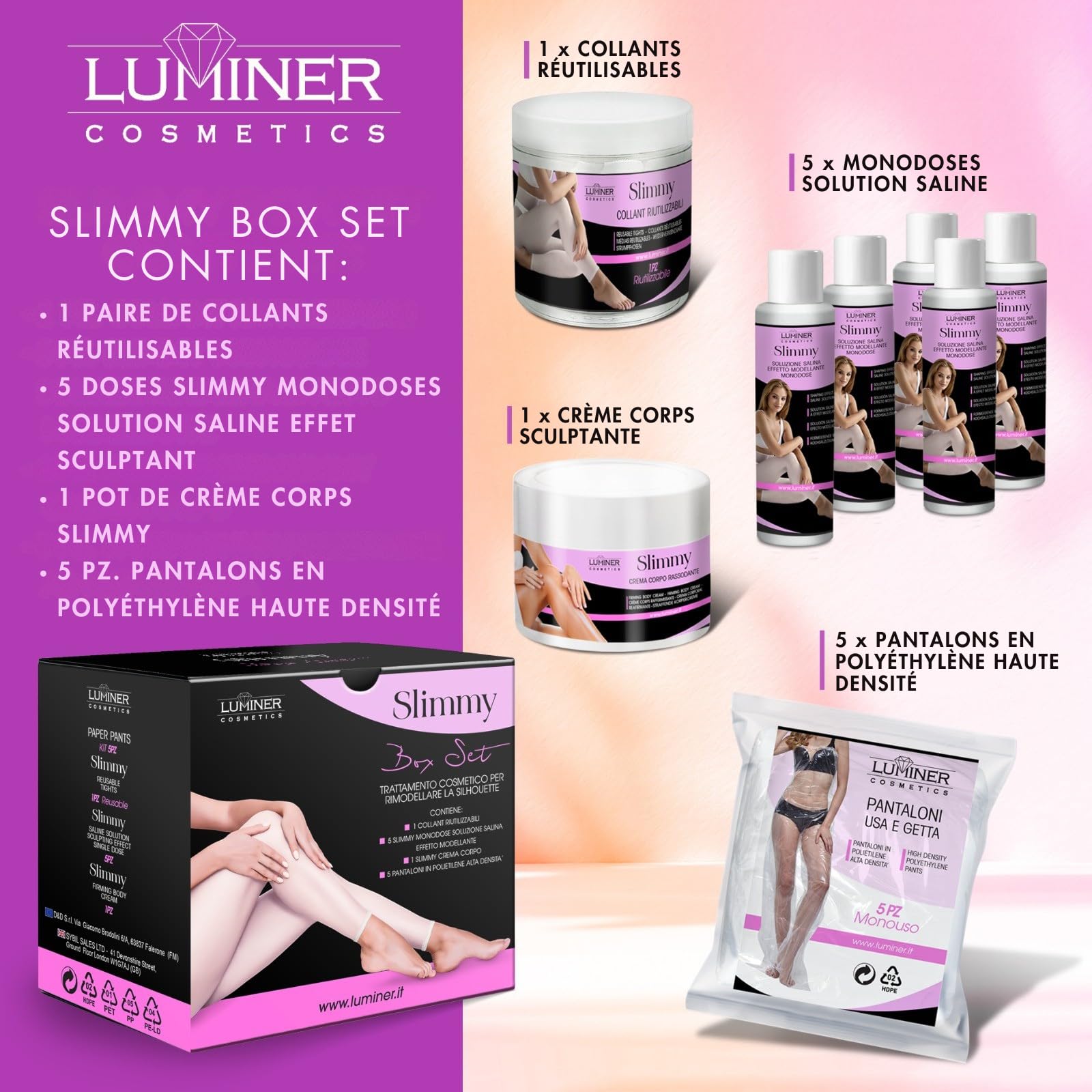 Luminer Slimmy Set Box – avec 5 Collants de Soin Réutilisables, Sel de la Mer Morte, Pantalon de Soin, Crème Raffermissante, Soin Silhouette