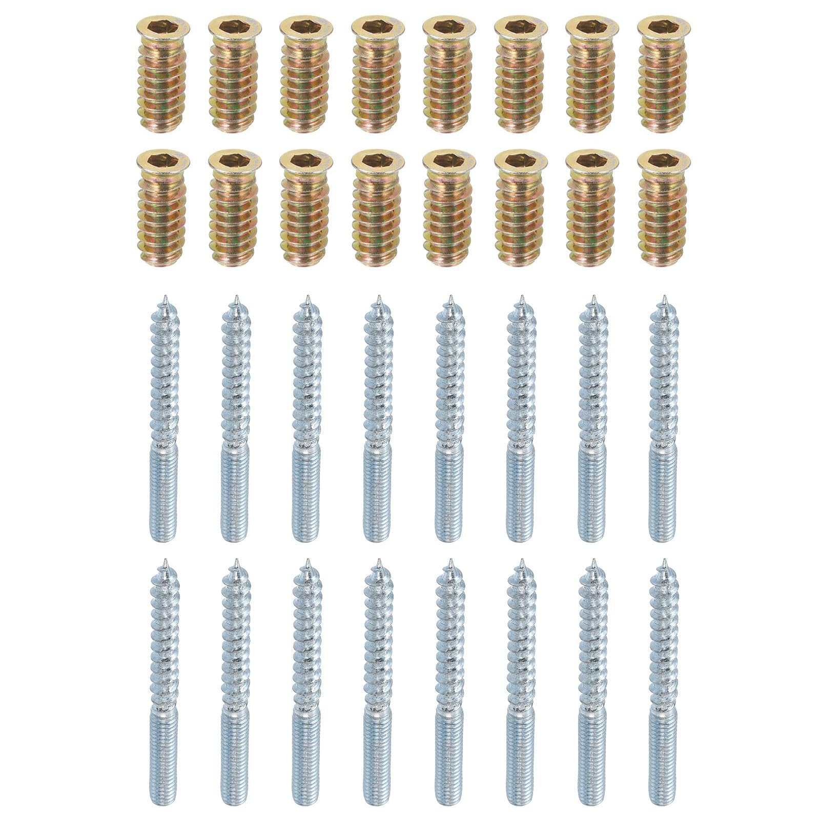 TOP-VIGOR 16Pcs M6x60mm Hanger Bolts, 36mm Wood Dowel Screw Self-Tapping Screw with M6x24mm Threaded Insert Nuts Interface Hex Socket Drive for Joint Furniture Legs