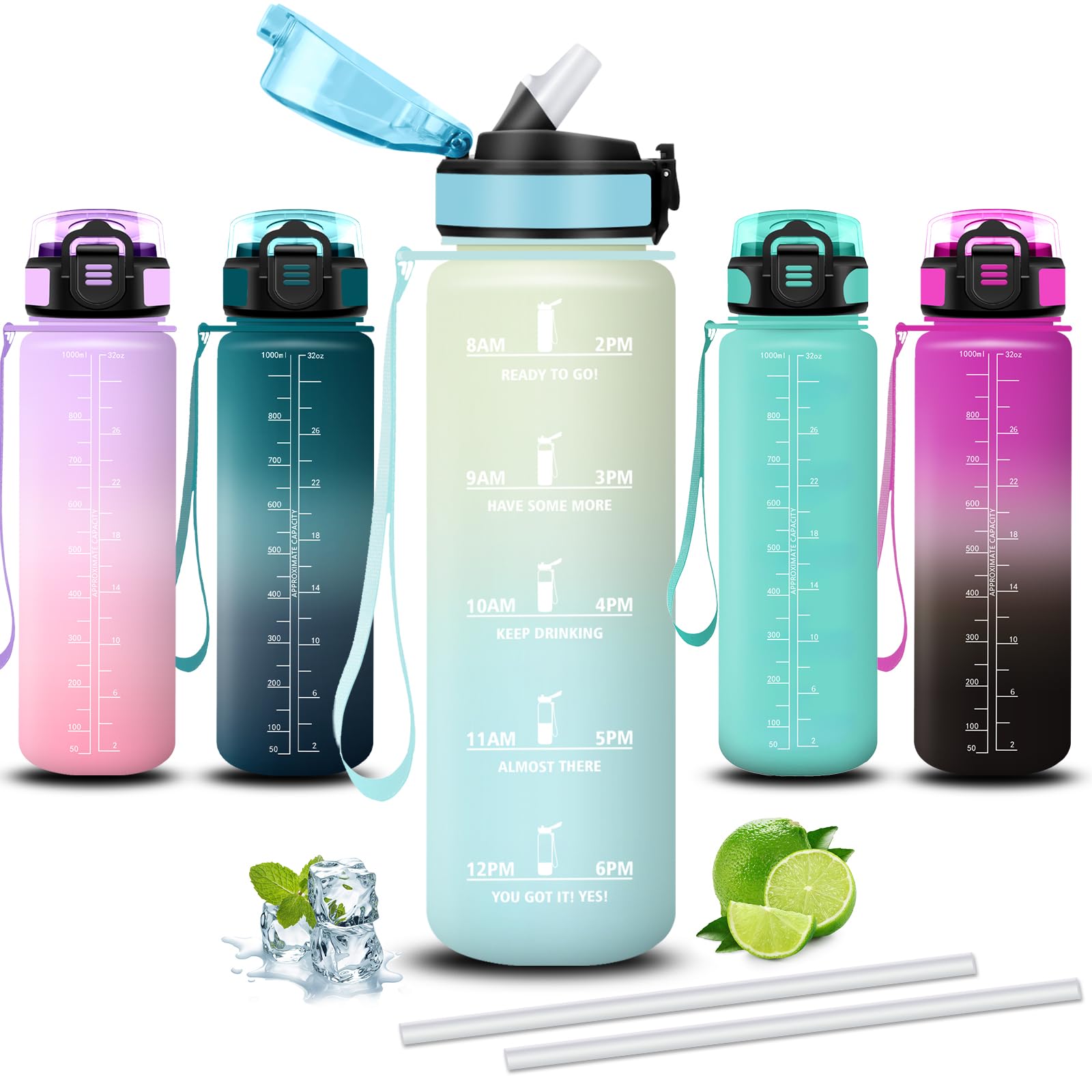 Mujigaga 1 Litre Water Bottle with Straw Leakless Motivational Water Bottles Easy Clean Graduated Slogan Motivational Water Bottles for Fitness Camping Gym