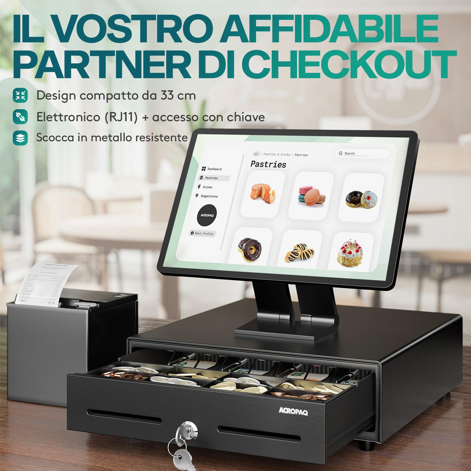 ACROPAQ Cassetto cassa - Compatibile con registratore cassa RJ11, 4 scomparti monete e 8 banconote, (34 x 33 x 10 cm) Corpo in metallo robusto - Cassetto cassa registratore