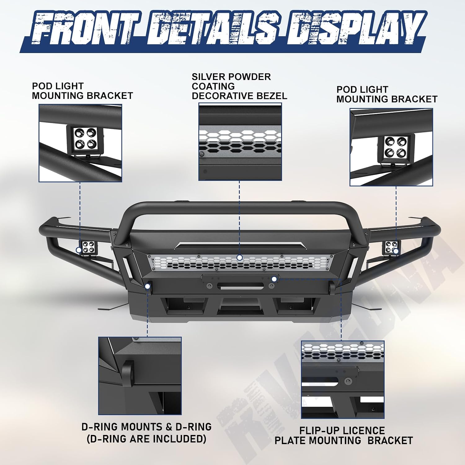 For 05-15 Tacoma Pickup Trucks Front Bumper w/Winch plate, 2 X 4-inch Pod Light, Winch Cable Guide Mounting Hole, Heavy Duty Steel Powder Coated Offroad Front Bumper for Toyota Tacoma 2005-2015
