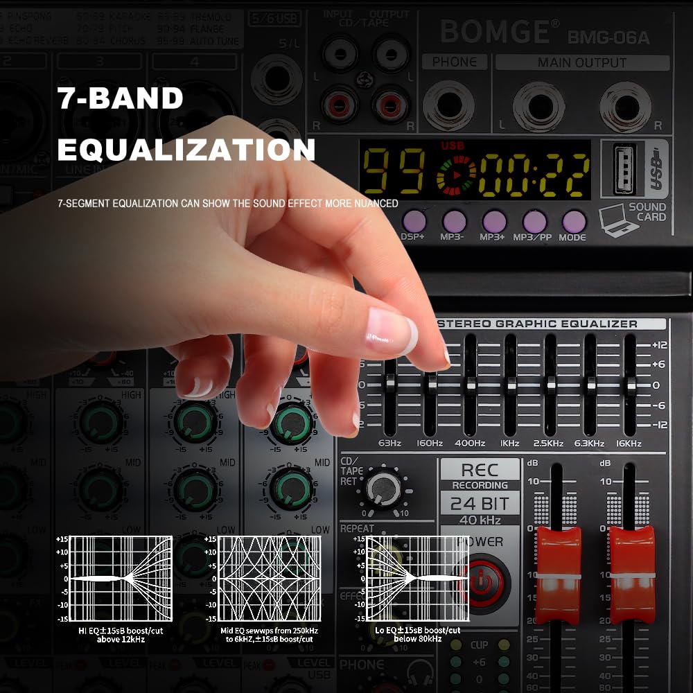 BOMGE Mixeur audio DJ professionnel 06 A 6 canaux, mixeur sonore avec 99 effets DSP, égaliseur 7 bandes indépendant, 48 V, interface Bluetooth USB, enregistrement pour studio, scène, fête,