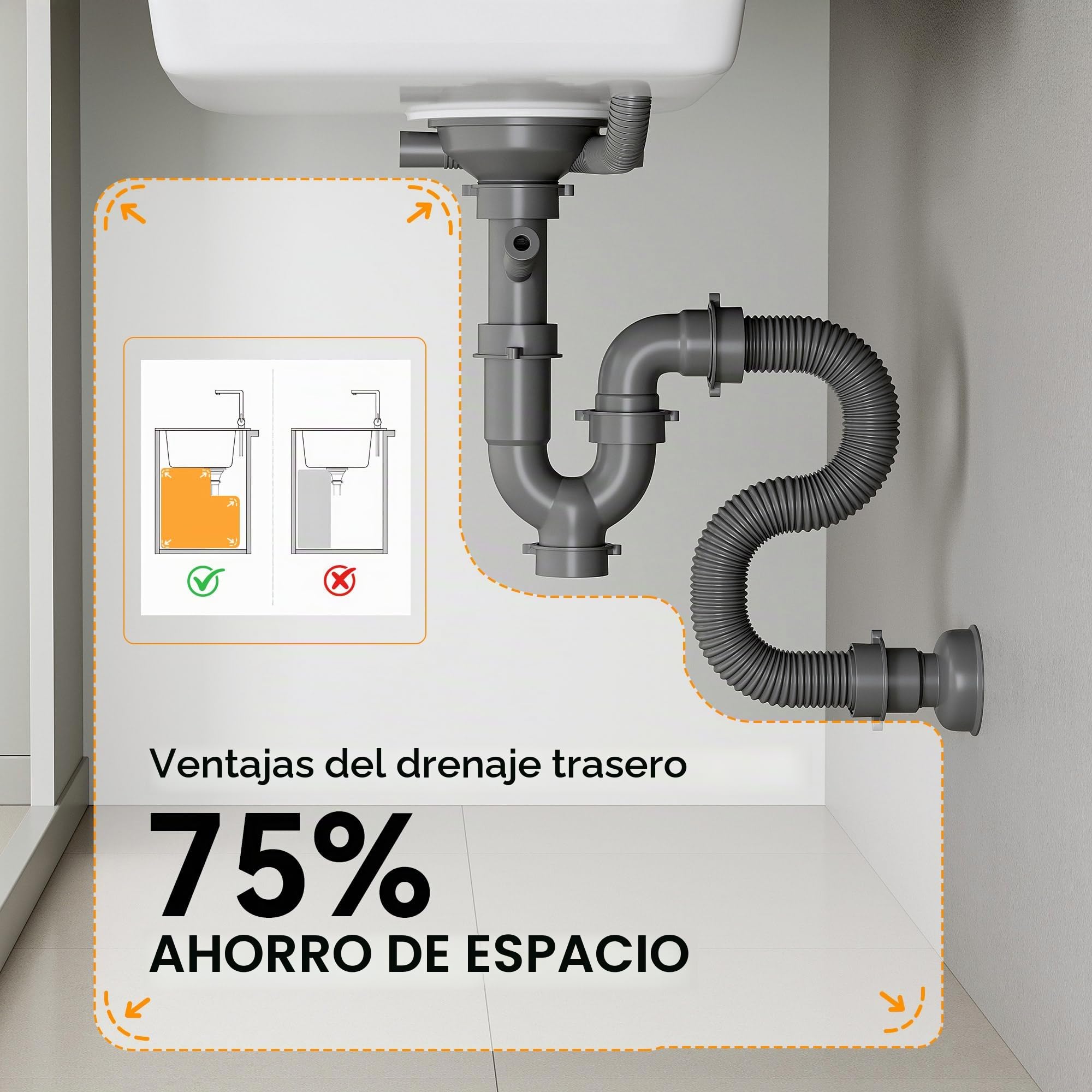 HOROW Fregadero de cocina compuesto de granito, tazón individual blanco de 60x45 cm, resistente a arañazos y manchas, superficie autorreparable, sellado con presión sin tapón adicional, con accesorios