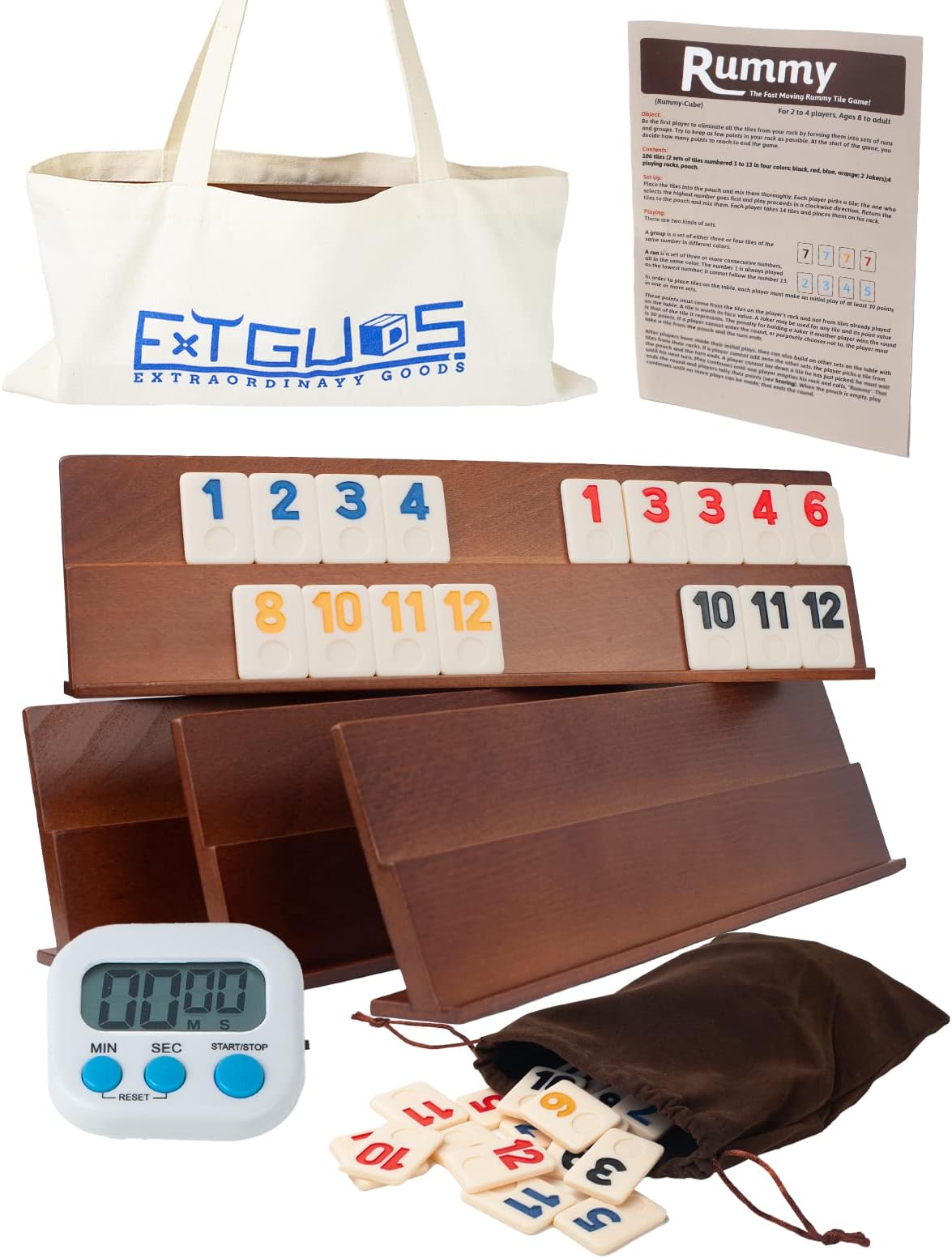 Extguds Deluxe Rummy Cube Game Set, 106 Tiles Classic Wooden Game, with 4 Handmade Wooden Racks, Portable Canvas Bag, Travel Set