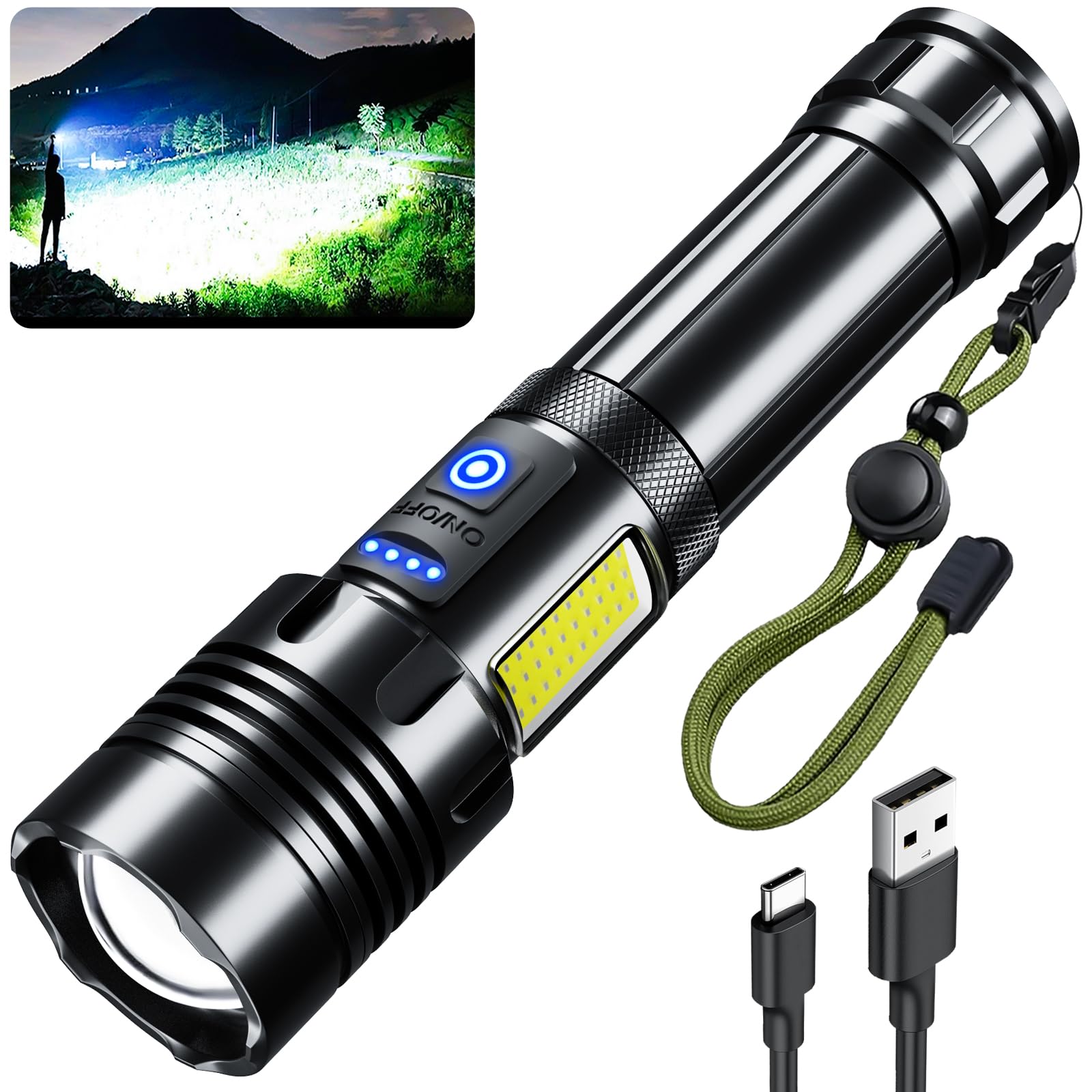 Rechargeable Flashlight 990000 High Lumens, Powerful Led Tactical Flashlights with Zoomable, 7 Modes & COB Lights, IPX7 Waterproof, Brightest Flash Lights for Camping, Emergencies, Dog Walking