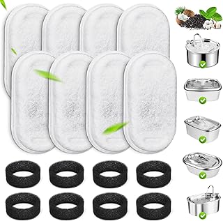 Cat Water Fountain Filters, 8 Pack Replacement Filters & Replacement Pre-Filter Sponges for Automatic Pet Fountain Cat Water Fountain Dog Water Dispenser Adjustable Water Flow Pet Water Fountain