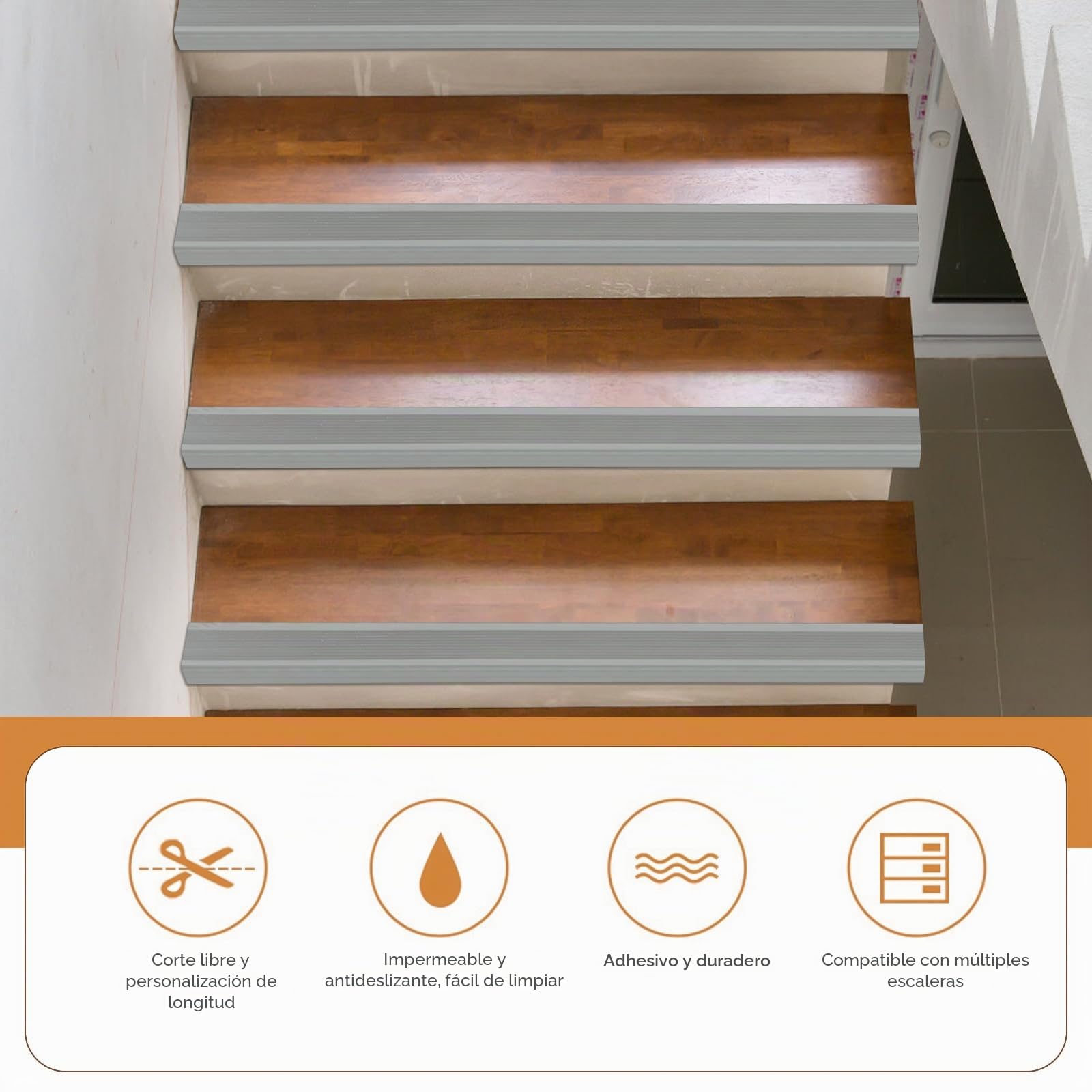 5 metros/10 metros Perfil antideslizante para escaleras, perfil autoadhesivo para escalones, flexible tira de borde de PVC para escalones de goma, cinta de borde para escaleras para interior y