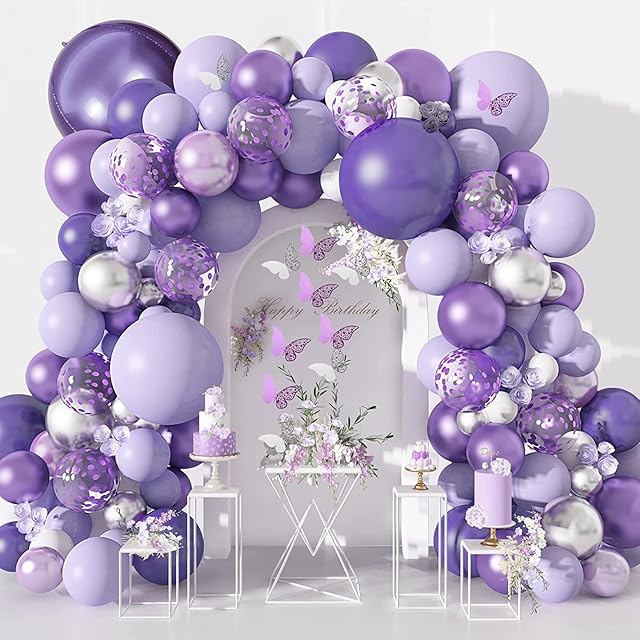 YHmall 145Pcs Purple Balloons Garland Arch Kit Butterfly Balloons Purple Birthday Decorations for Girl, 12Pcs Butterfly Decoration Lavender Purple Confetti Balloon for Baby Shower Wedding Party Deco