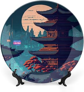 Decorative Plates, Japan Old Building Night Painting Ceramic Dinner Plate Home Wobble-Plate with Display Stand, Wall Hanging Decor for Living Dining Room Kitchen Household 10 Inch
