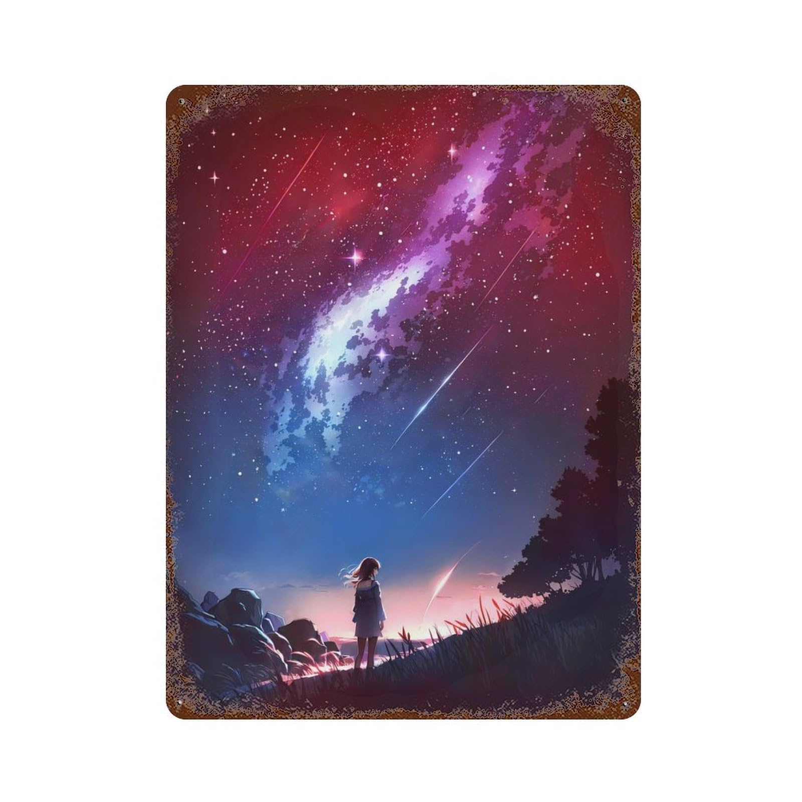 Starry Galaxy Night Girl Vintage Wall Sign 15.7"x11.8", Rust Effect Metal Decor for Farmhouse, Kitchen And Entryway Decor