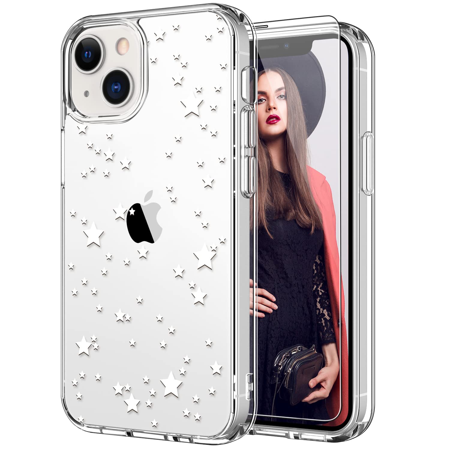 ICEDIO iPhone 13 Case with Screen Protector,Slim Fit Crystal Clear Cover with Fashionable Designs for Girls Women,Protective Phone Case for iPhone 13 6.1" Nice Stars