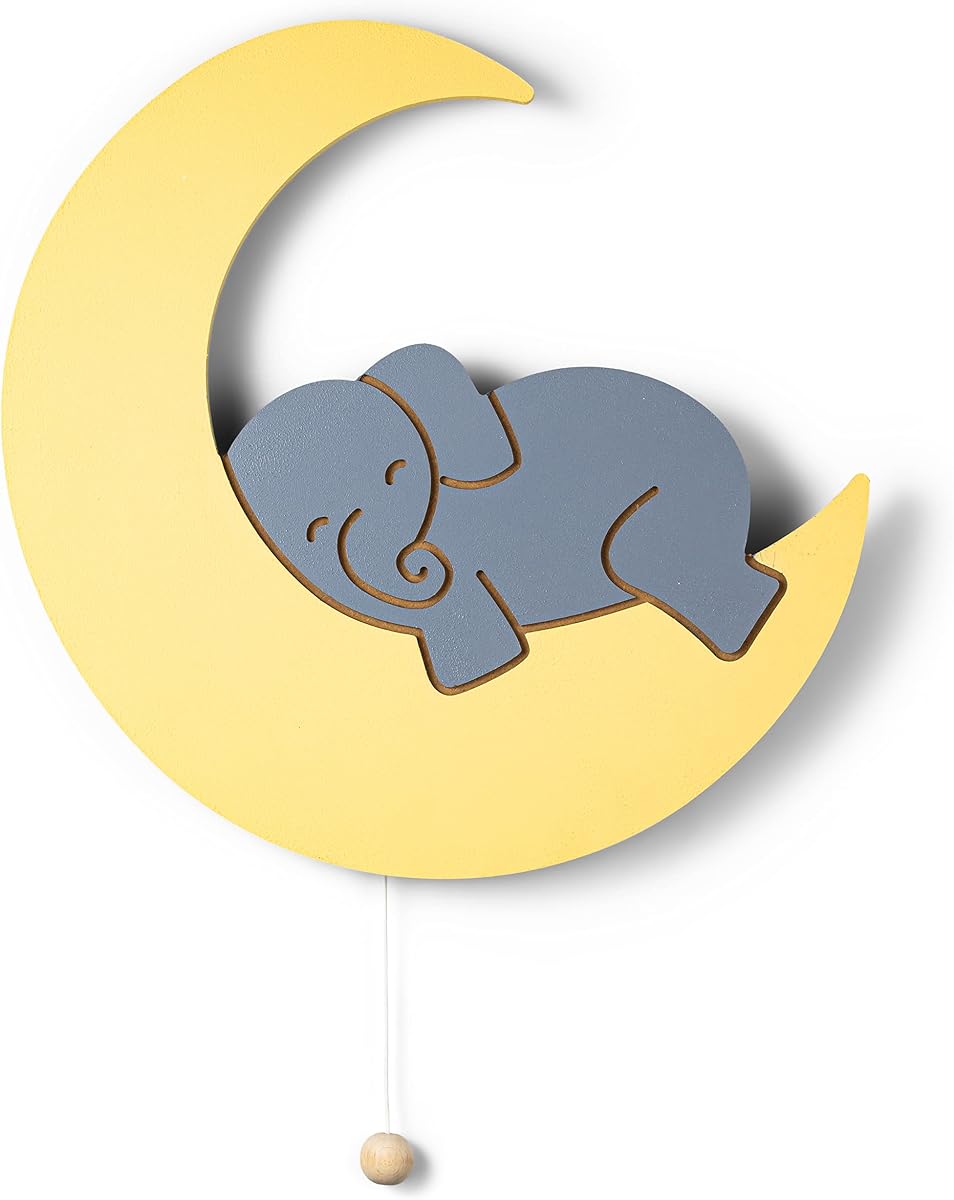 LumiDreams Luz Nocturna Elefante En La Luna, Lámpara De Pared Para Habitación Infantil | 17,7" x 11,5" | Luz nocturna de madera pintada a mano | Funciona con pilas | Interruptor de cable | Lámpara decorativa de pared para habitación infantil