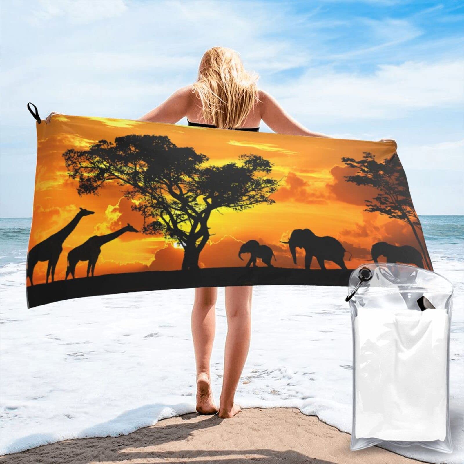 Lawenp Africa Animal and Tree Microfiber Beach Towel Adults Large Quick Drying Bath Towel Travel Towels with Pouch 31.5"x63"