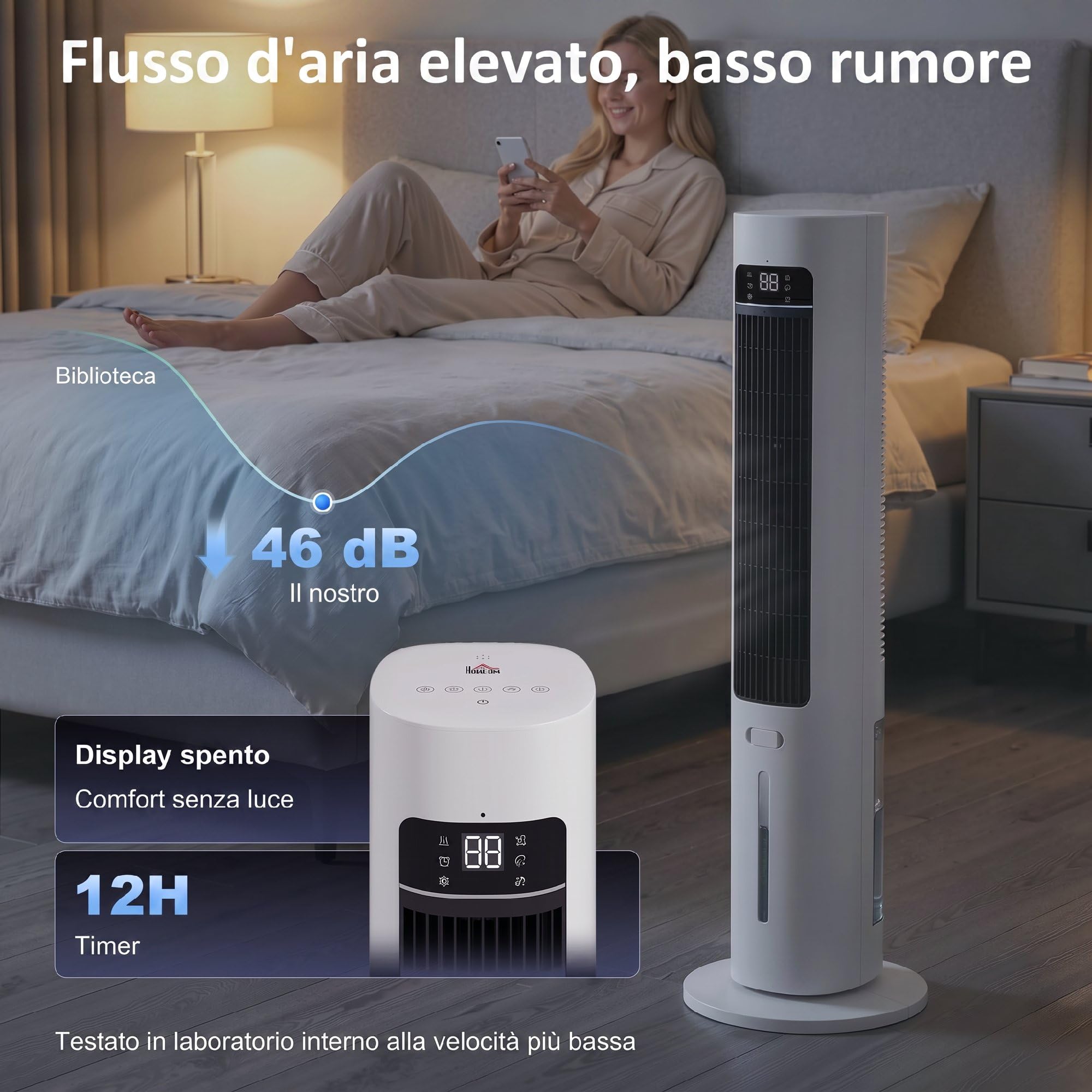 HOMCOM Condizionatore Portatile 3-in-1 con Serbatoio 3 Litri, Oscillazione 48°, 3 Velocità, 3 Modalità, Raffrescatore d'Aria a Torre, 2 Blocchi Refrigeranti, Telecomando, Casa Ufficio, Bianco