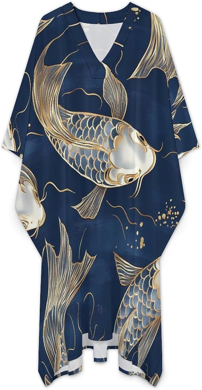 Japanese Fish Gold Navy Blue Men's Kaftan Thobe V-Neck Long Gown Loose Robe