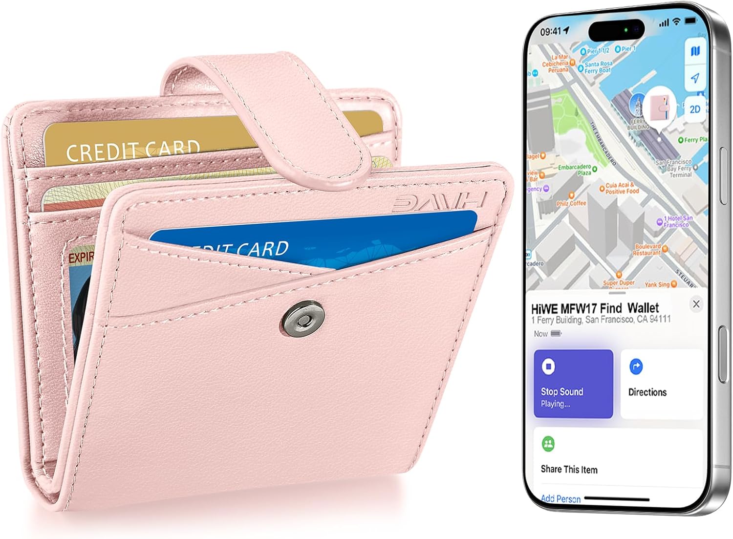 Small Womens Wallet, Bifold Wallets with Smart Anti-Loss Find My Tracker Built in, RFID Credit Card Holder, PU Leather, ID Window, Pink