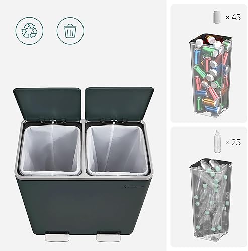 Miniatura 6 de SONGMICS Bote de basura, 2 botes de basura de 8 galones (2 x 30 L) para cocina, con 15 bolsas de basura, 2 compartimentos, cubos interiores de