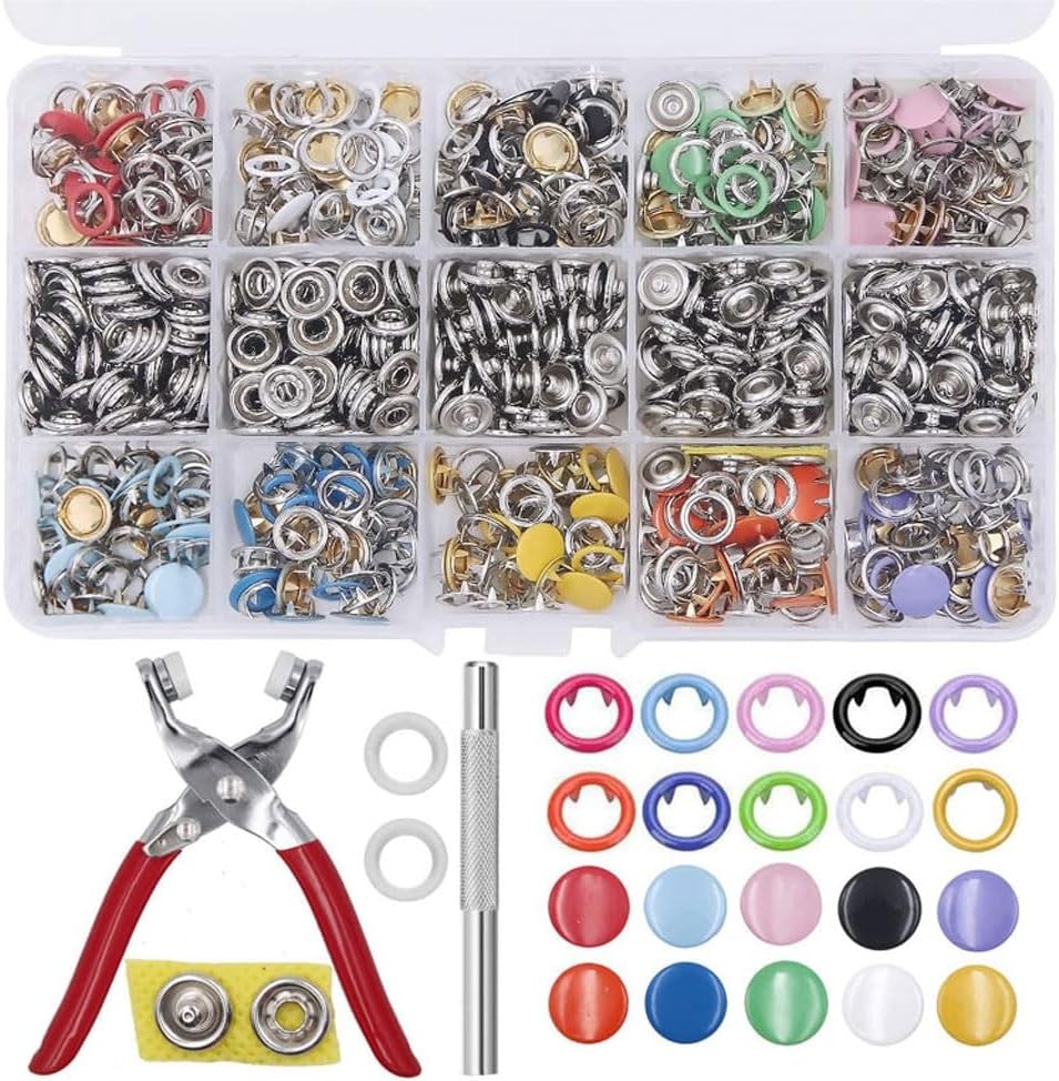 JSEIAJB 100 Sets Snap Fasteners Tool Kit Hollow and Solid Metal Prong Snaps Buttons with Setting for Clothing Crafting Sewing