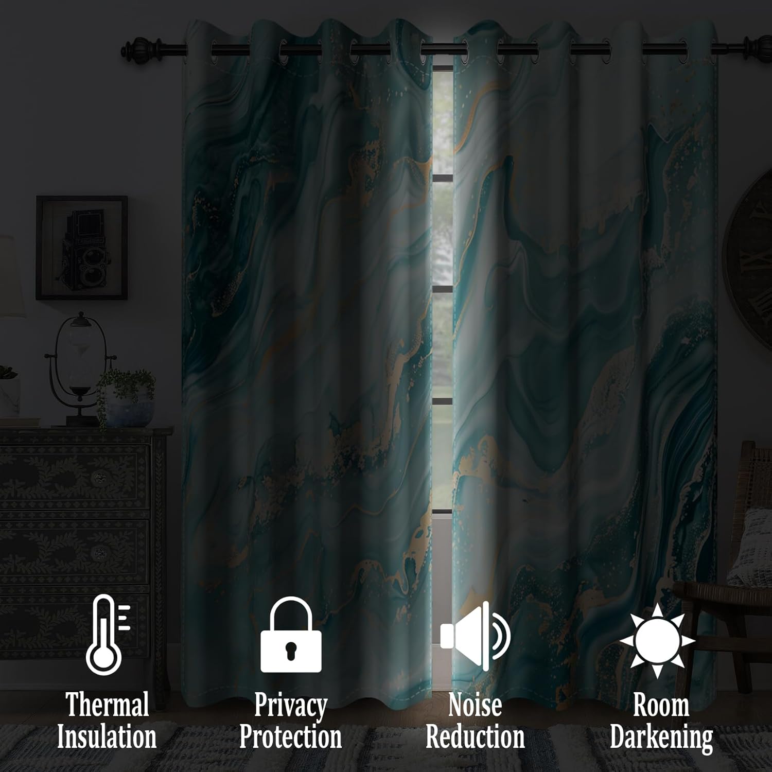 Renaiss Teal Marble Blackout Curtains for Bedroom Abstract Golden Lines Texture Window Curtain Modern Luxury Ink Printed Art Thermal Insulated Drapes for Living Room 2 Panels Set, 42x63 Inch