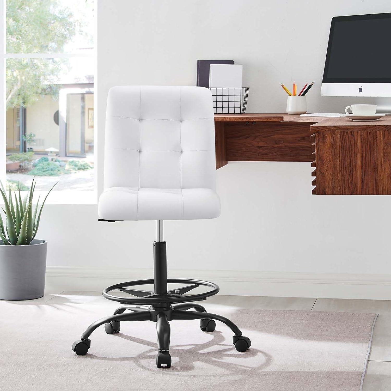 Modway Prim Armless Vegan Leather Drafting Chair in Black White