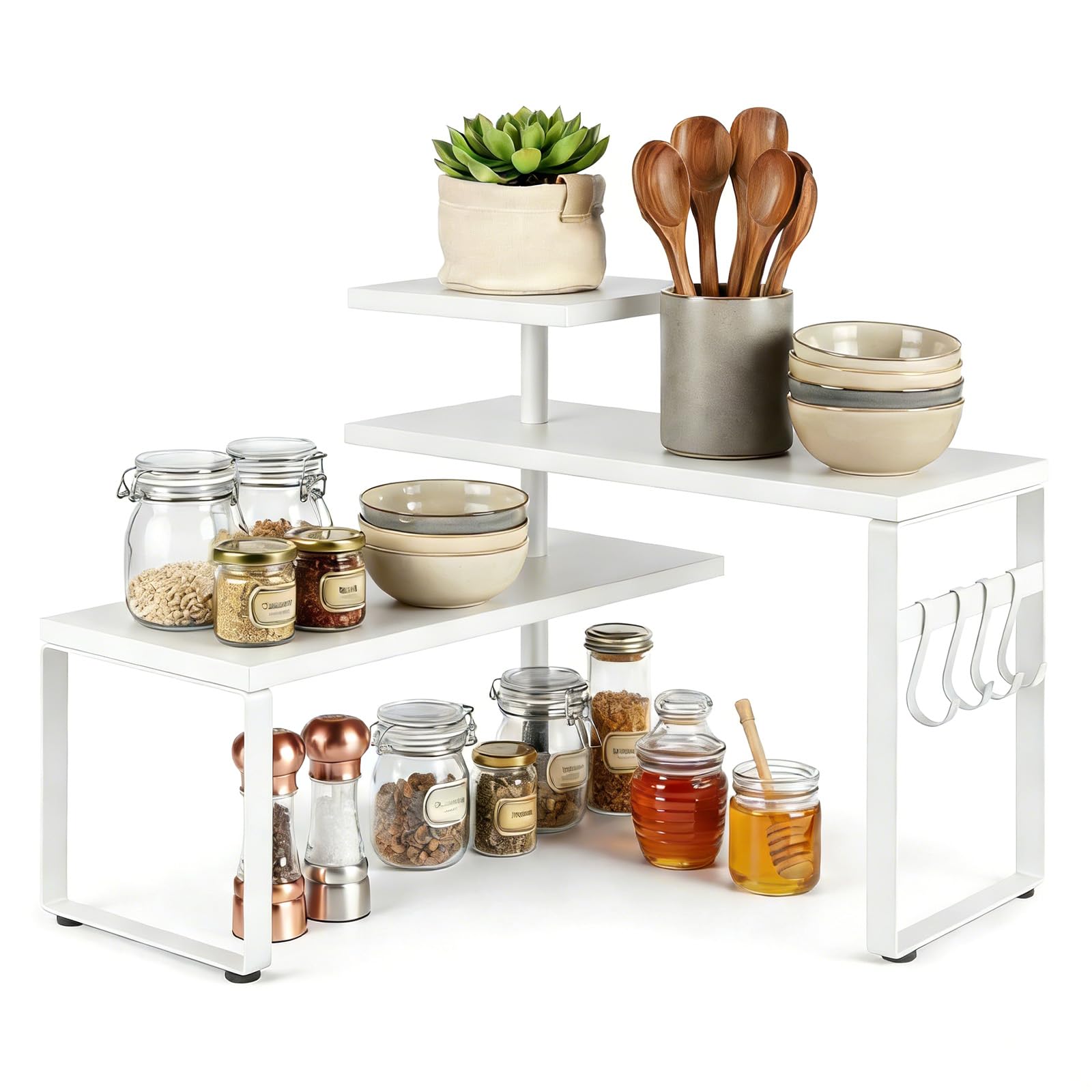 Sunnynest White 3-Tier Adjustable Countertop Organizer Spice Rack, Corner Shelf With 4 Hooks, Rustic Kitchen Counter Organizer For Coffee Bar, Bathroom, Cabinet, Desk (White)