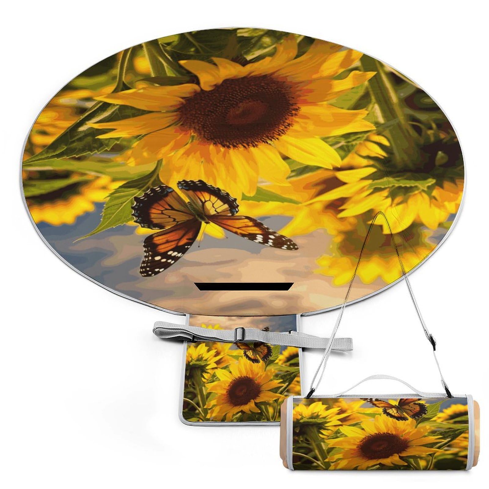 Mantas redondas plegables y ligeras para pícnic, con diseño de girasoles, mariposas, impermeables, para exteriores, para primavera, verano, camping, parque, viajes, hierba