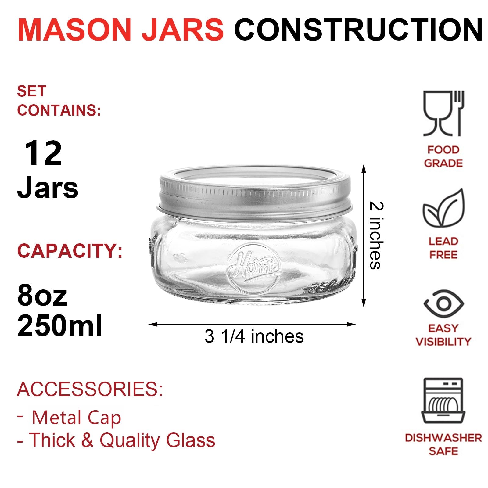 Tebery Lot de 12 bocaux Mason en verre avec couvercles hermétiques et bandes en métal argenté, 226,8 g pour la mise en conserve, la conserve, la préparation des repas, l'avoine, la confiture, la gelée