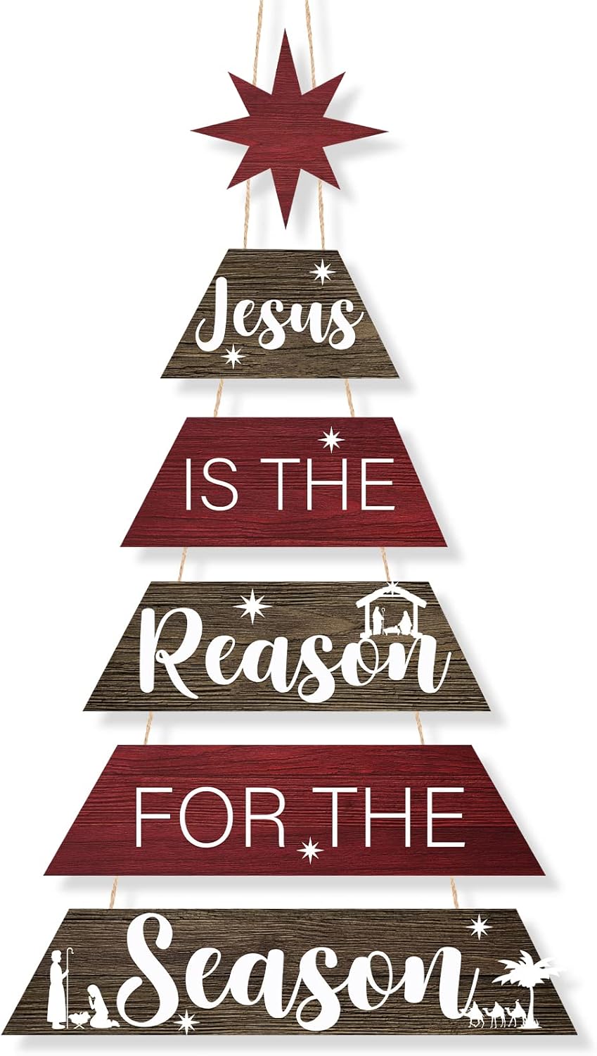 Christmas Jesus Wood Sign Jesus is The Reason for The Season Hanging Sign Christmas Wall Signs for Xmas Tree Indoor Outdoor Porch Door Holiday Decoration