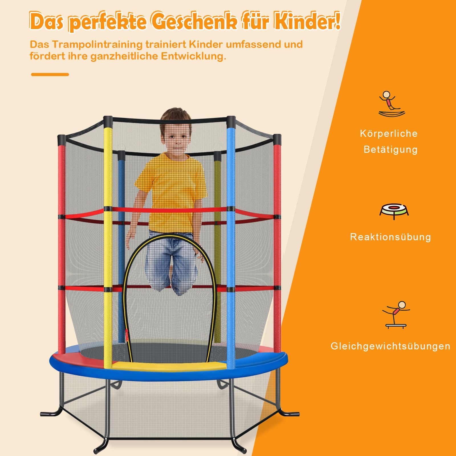 COSTWAY Trampolina ogrodowa o średnicy 165 cm z siatką zabezpieczającą, obciążenie do 135 kg, trampolina do użytku wewnątrz i na zewnątrz, dla dzieci od 3 lat (kolorowa, Ø 165 x 191 cm)