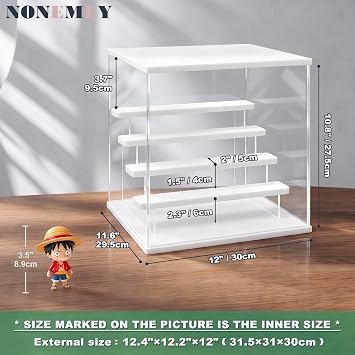 NONEMEY Clear Acrylic Display Case Stand with LED Light 2/3/4/5/6 Tier Storage Box Showcase Dustproof Organizer Box for Collectibles (White 5Tier 12.4x12.2x12inch,31.5x31x30cm)