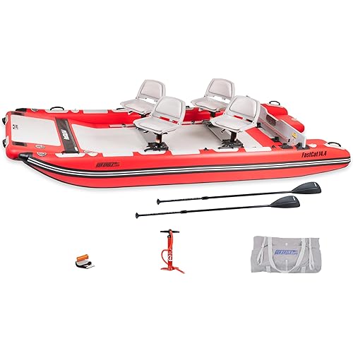 Sea Eagle FastCat Catamaran 2-4 Person Inflatable Boat-Rigid, High-Pressure, All-Drop Stitch, Easy Setup, Self-Bailing