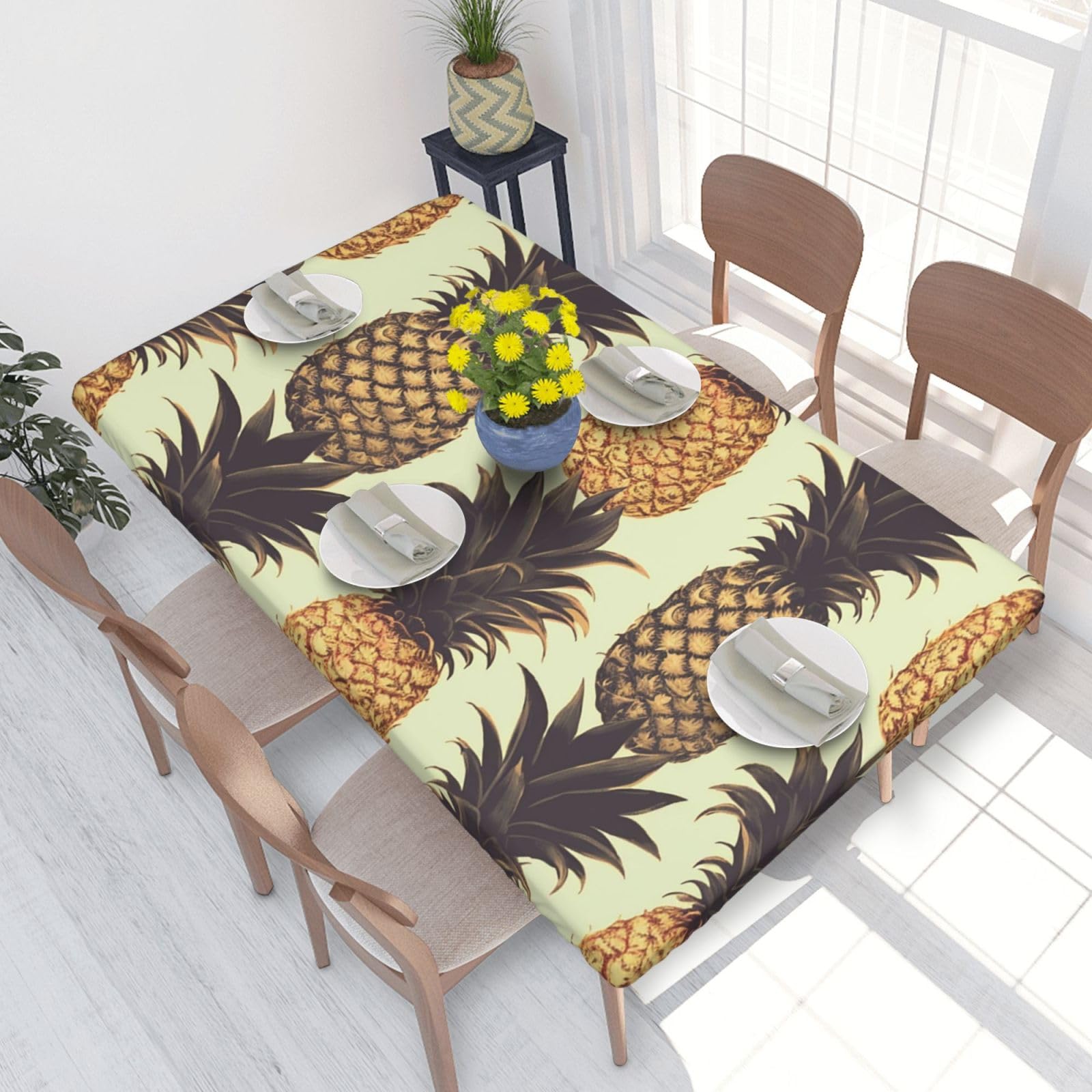 Pineapple2 Waterproof Square Table Cover Elastic Fitted Tablecloth Oil Proof Table Protector For 4ft Table