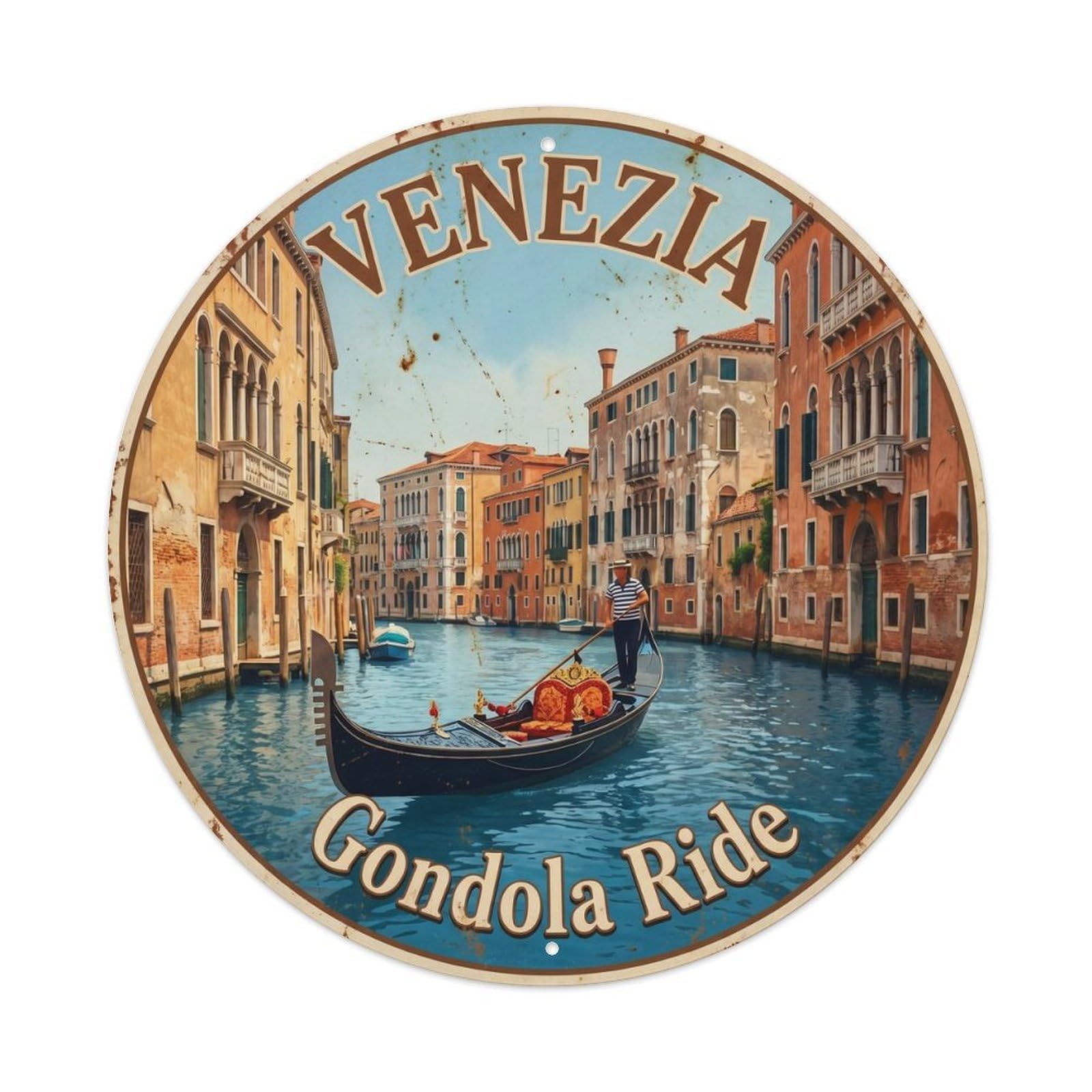 Vintage Travel Venetian Gondola Canal Metal Tin Sign Plaque Wall Decor for Cafe, Club Bar, Office, Home Garden Round Metal Poster 8x8Inch