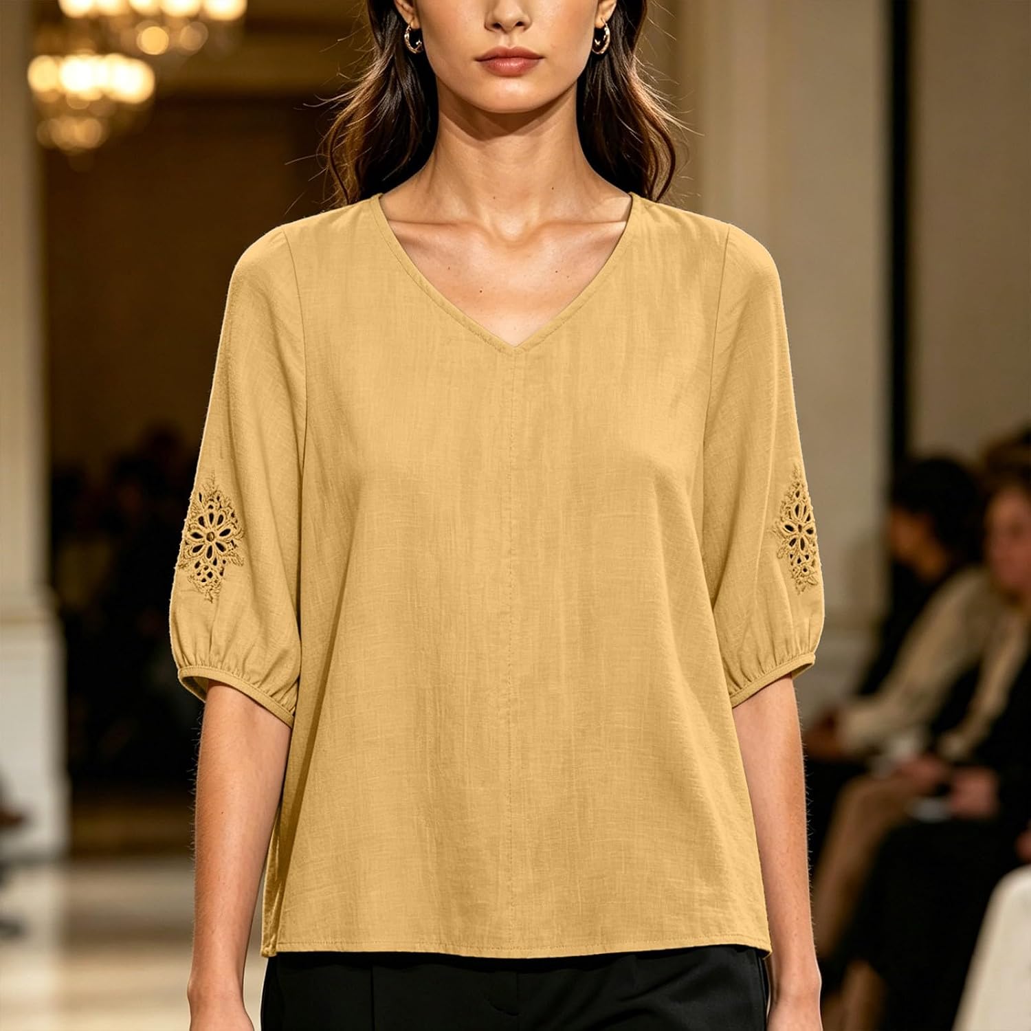 Womens T Shirts V Neck Half Sleeve Loose Fit Summer Spring Business Casual Blouse Solid Color Basic Tops Clothing