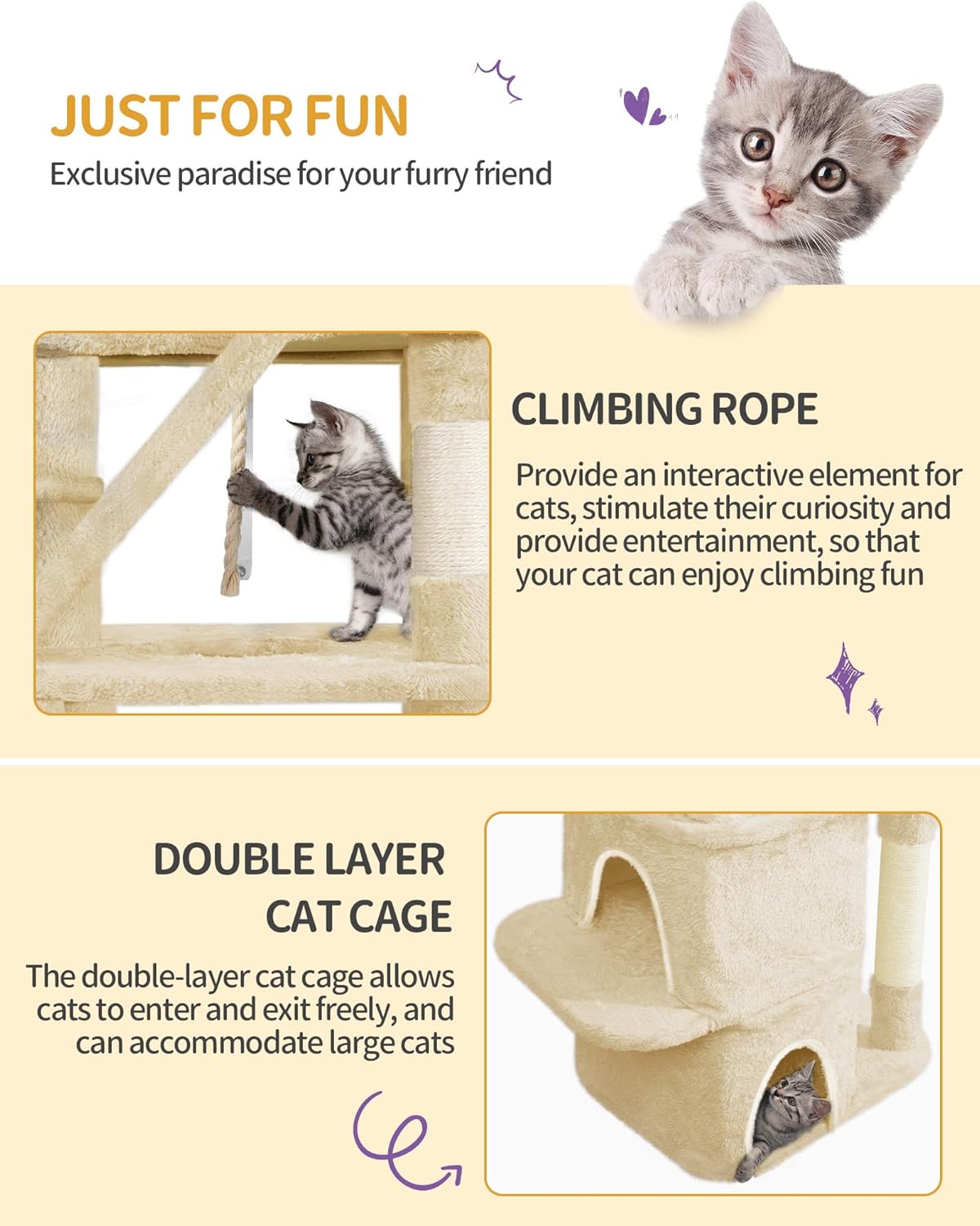 Image highlighting the climbing rope and double-layer cat cage features of the cat tree, with a cat interacting with the rope and another inside a cave.