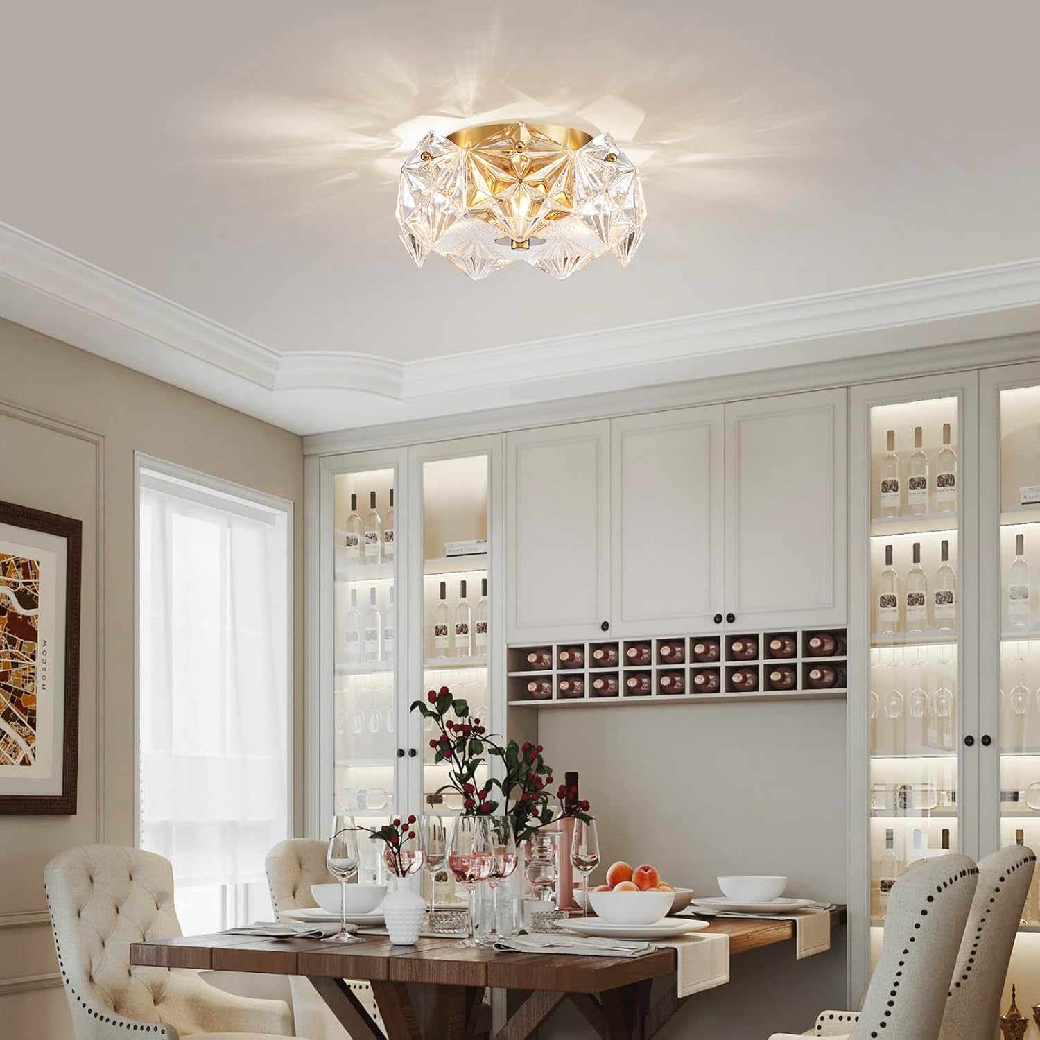 AGV LIGHTING CL058 Flushmount Ceiling Light Fixture, Close to Ceiling, Modern Design, 2-Lights, D9 x H5, Perfect for Living Room, Shield Shaped Glass Shade & Gold Finish Frame