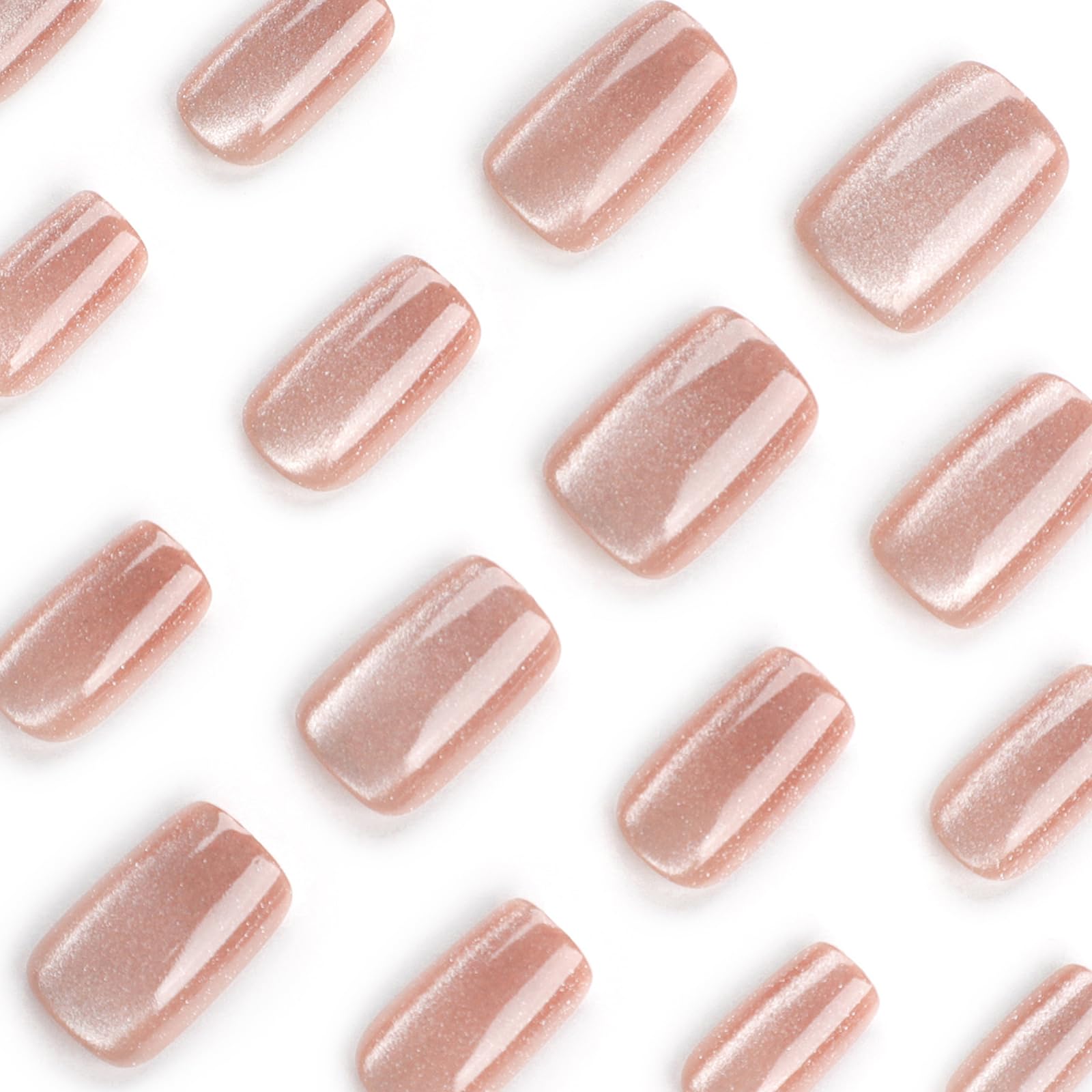 24Pcs French False Nails, Coral Cat Eye Press on Nails with Elegant Design, Short Square Fake Nails - Image 4