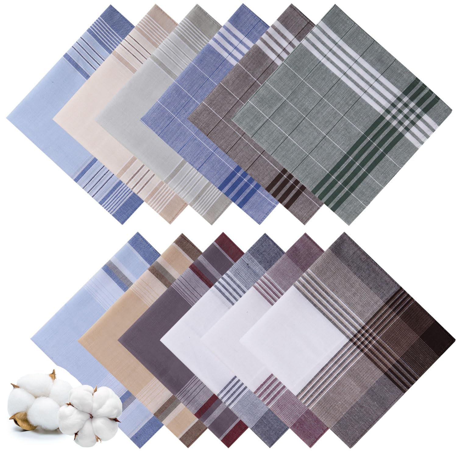 12 Pcs Handkerchiefs for Men, 100% Soft Cotton Men's Handkerchiefs with Check, Large Classic Hankies for Men (16 x 16 Inch)