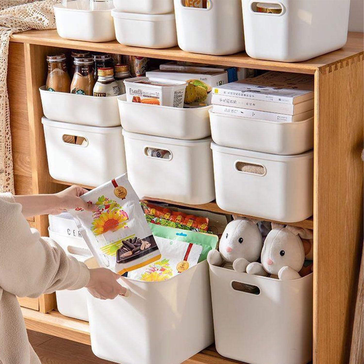Boîte de rangement avec couvercle, 6 pièces boîtes en plastique avec poignée, paniers de rangement polyvalents, boîtes de rangement pour cuisine, salle de bain, bureau étagère (6 pièces : 2S