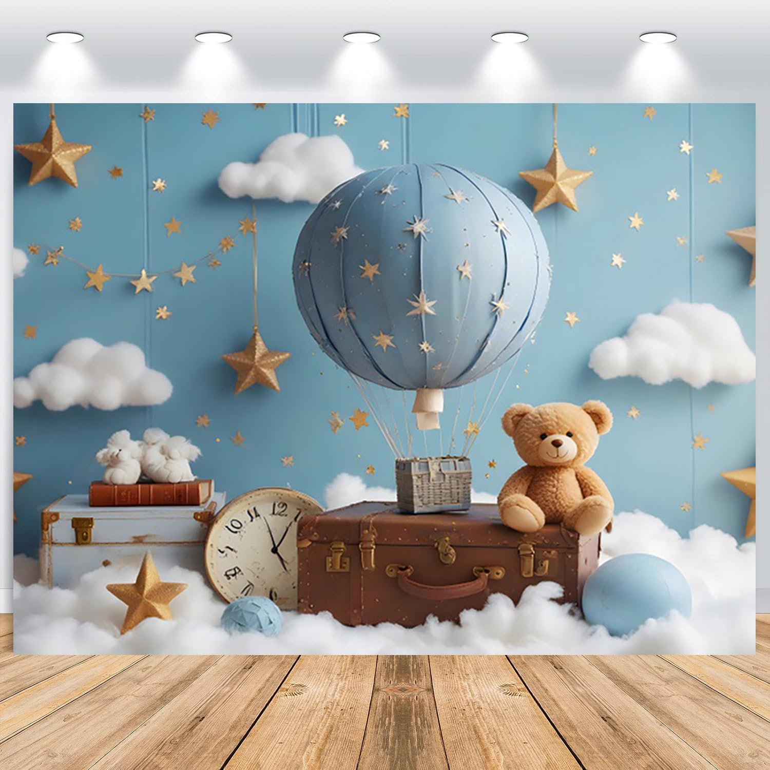 Fondo para Primer Cumpleaños 2.2x1.5m, Oso Azul con Globo Aerostático - Fotografía para Niño de 1 Año Baby Shower Fiesta Decor Banner Accesorios de Estudio